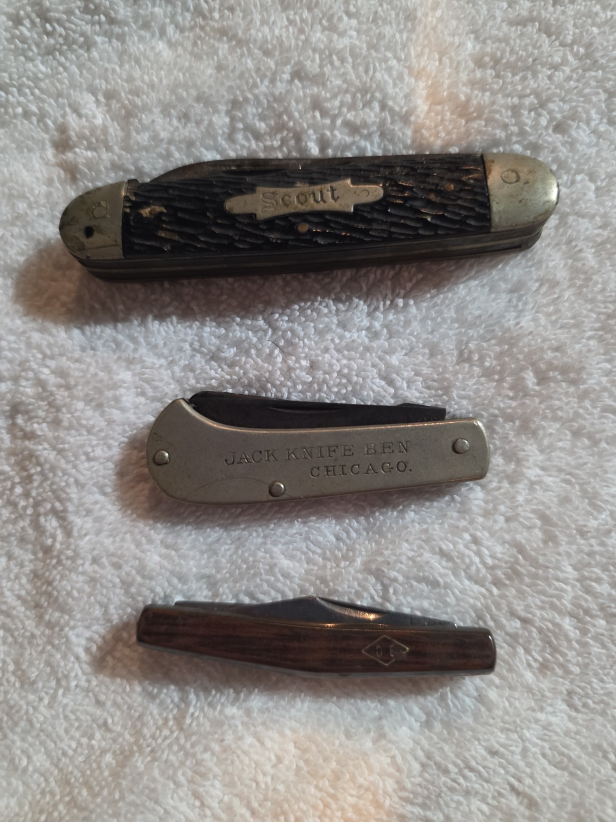 Vintage 3 Pocket Knife Lot - Antique Jack Knife Ben Chicago, Diamond Edge, Scout