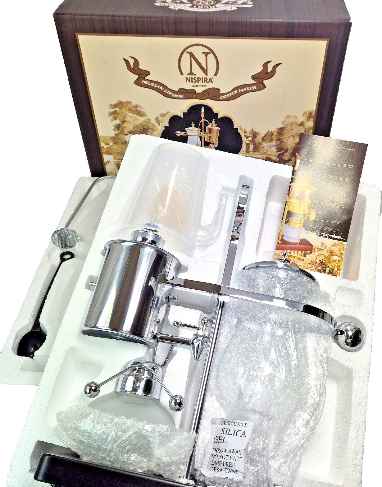 NEW in Box NISPIRA Royal Belgian Balance Siphon Coffee Maker, Brewer Silver