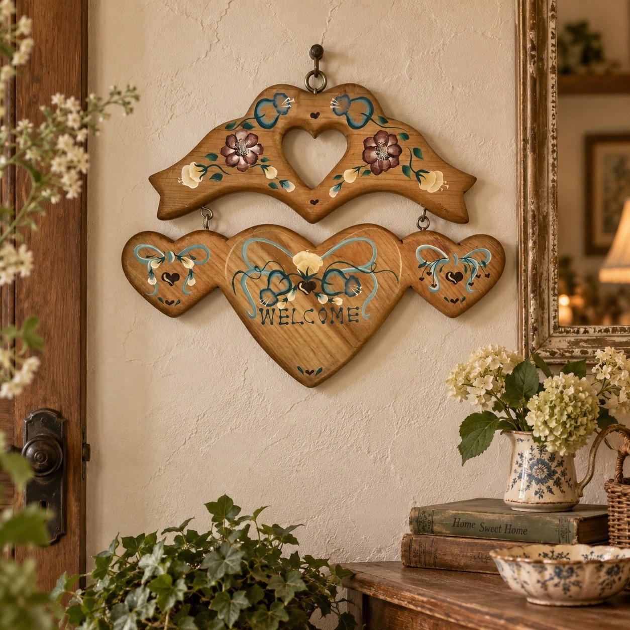 VTG Wood Welcome Sign Heart Cutout Country Farmhouse Cottage Grannycore 14.5x10”
