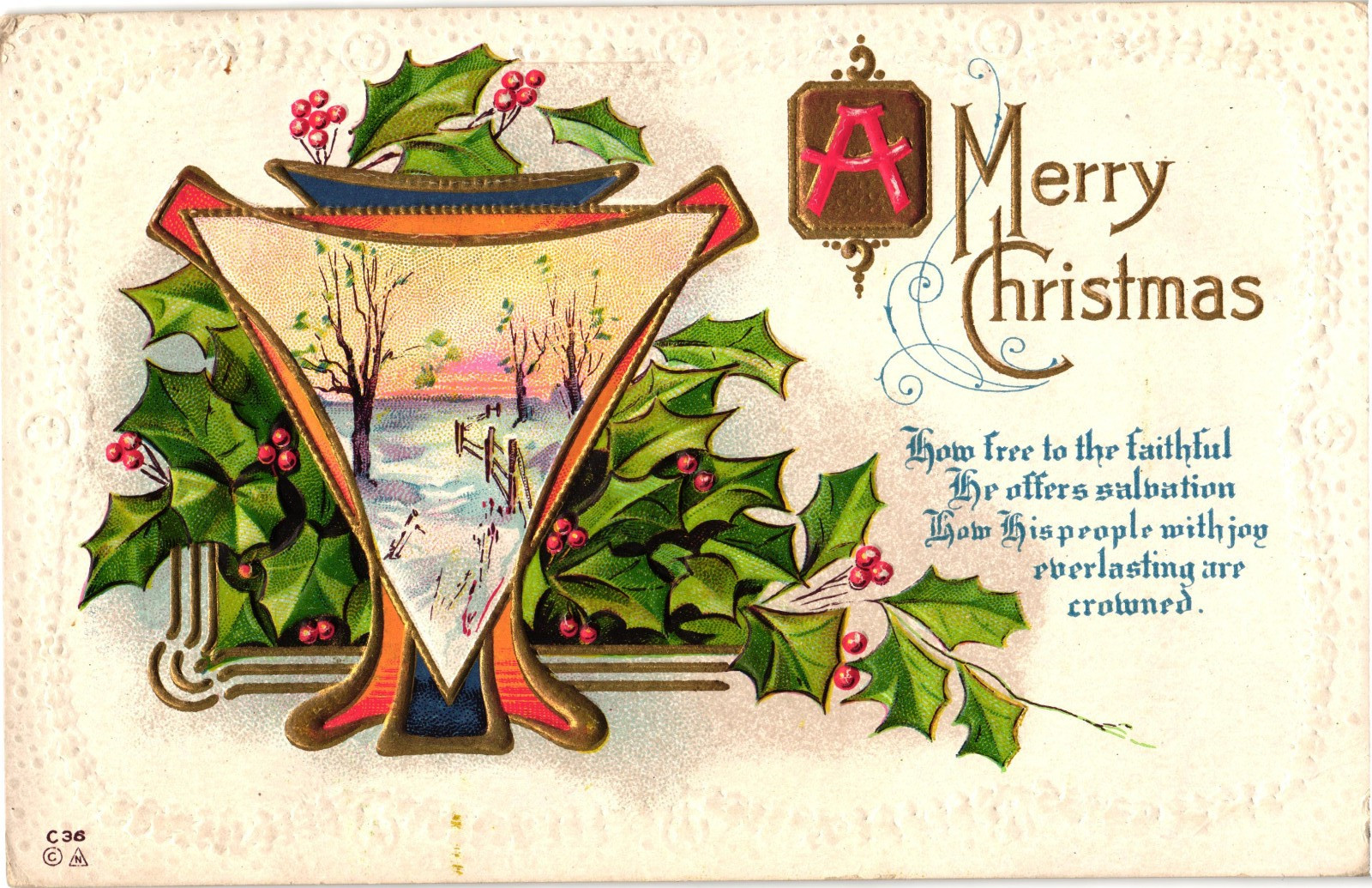 1913 Embossed Merry Christmas Postcard Holly & Winter Scene Posted 1 Cent Stamp