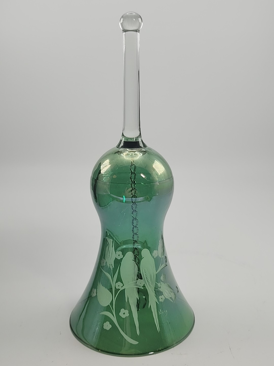 Vintage Damrons Green Glass Etched Birds Bell Made in Sisterville W.V. 8.5