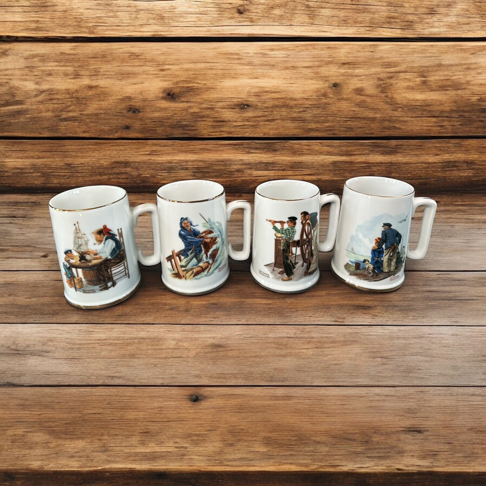 4 Vtg NORMAN ROCKWELL CERAMIC MUGS Seafarers Collection LONG JOHN SILVERS NlB
