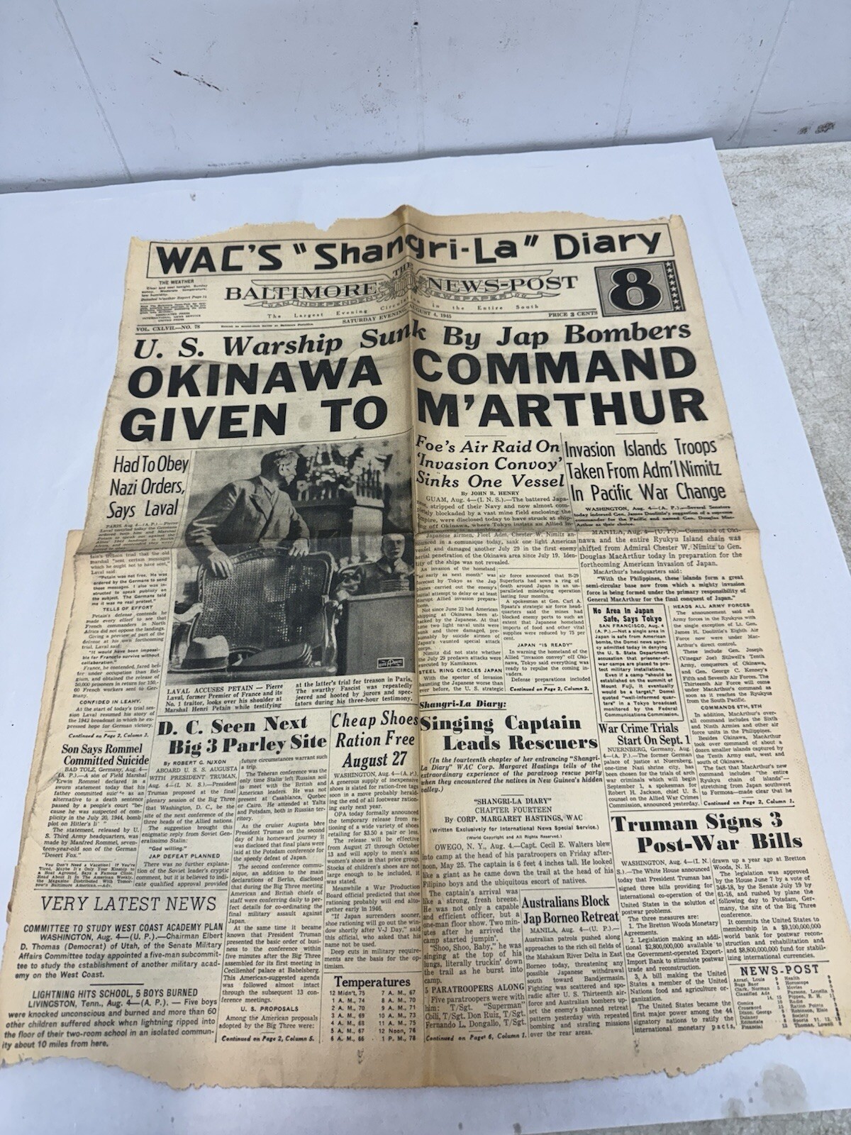 baltimore news post August 4 1945 WWII Okinawa Japan