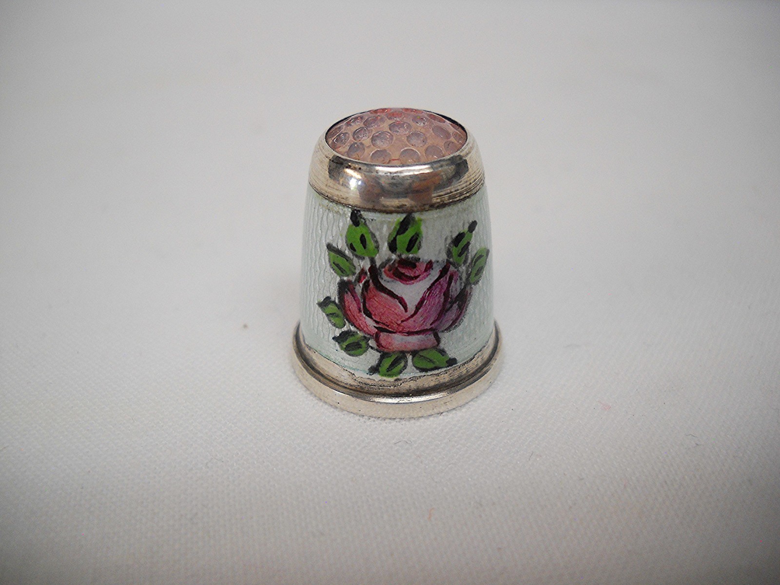Vintage STERLING & GUILLOCHE ENAMEL THIMBLE-GERMANY-PINK ROSES & CROWN-VG Vintage STERLING & GUILLOCHE ENAMEL THIMBLE-GERMANY-PINK ROSES & CROWN-VG