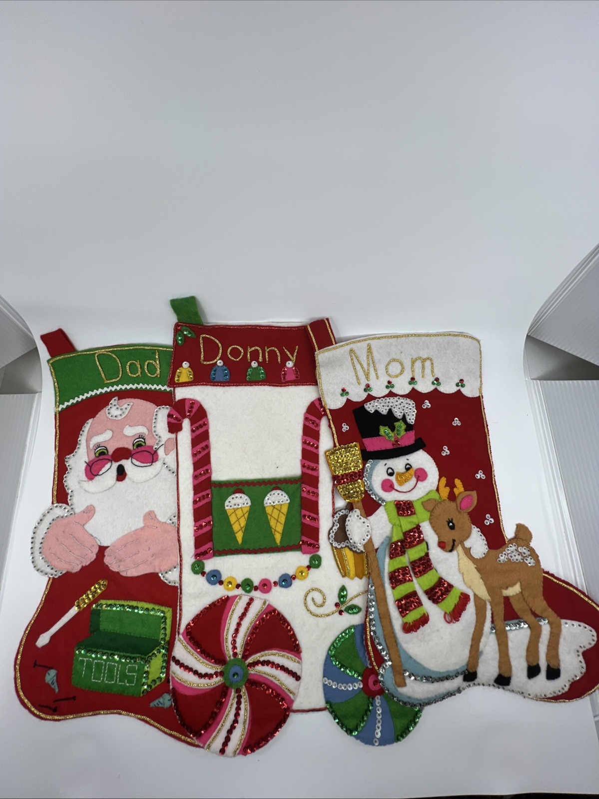 3 VTG Bucilla Felt Christmas Stocking Sequins Completed Santa Snowman Train