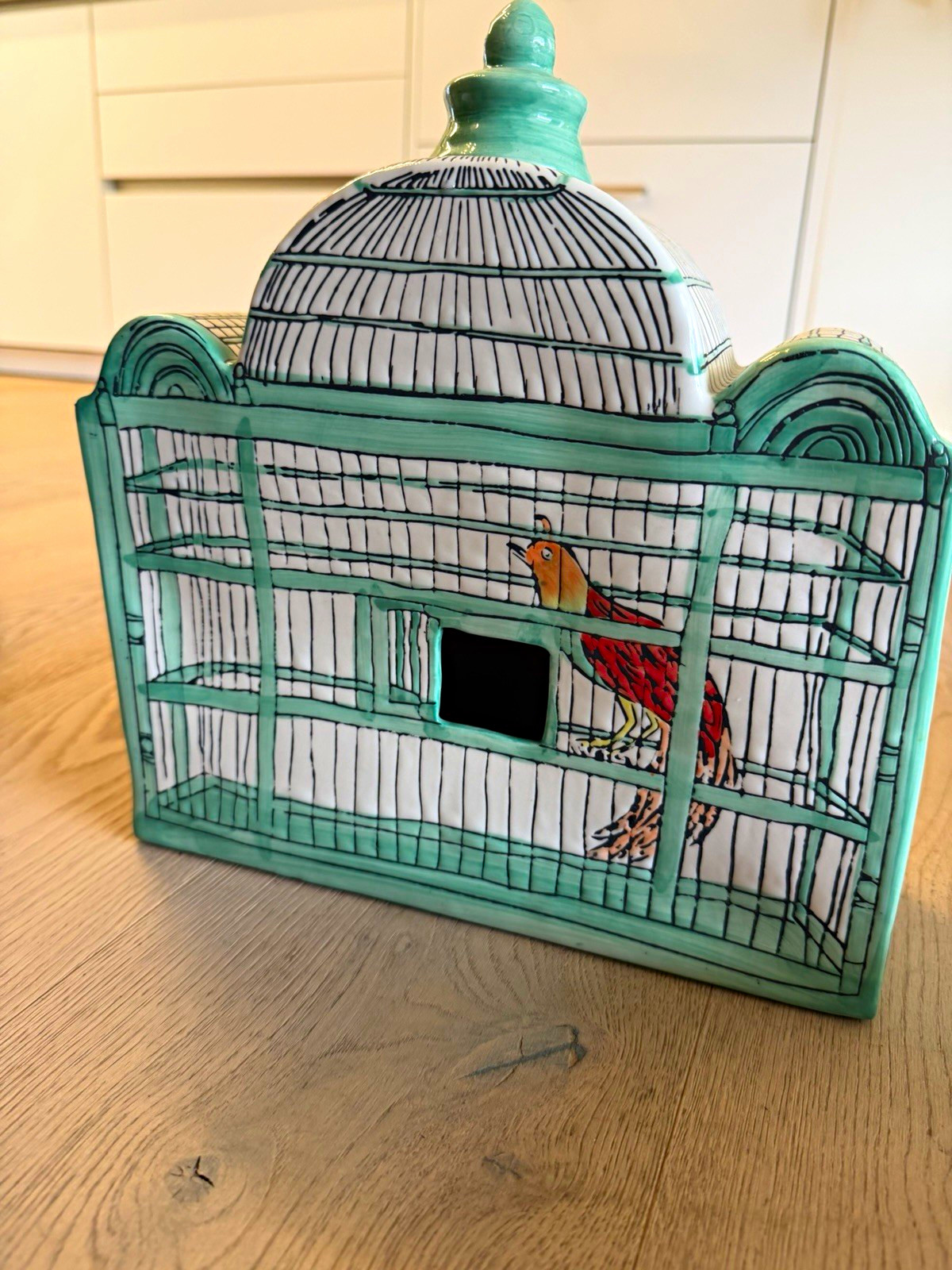 Molly Hatch signed Trompe-l'Oeil Ceramic Birdhouse BirdCage