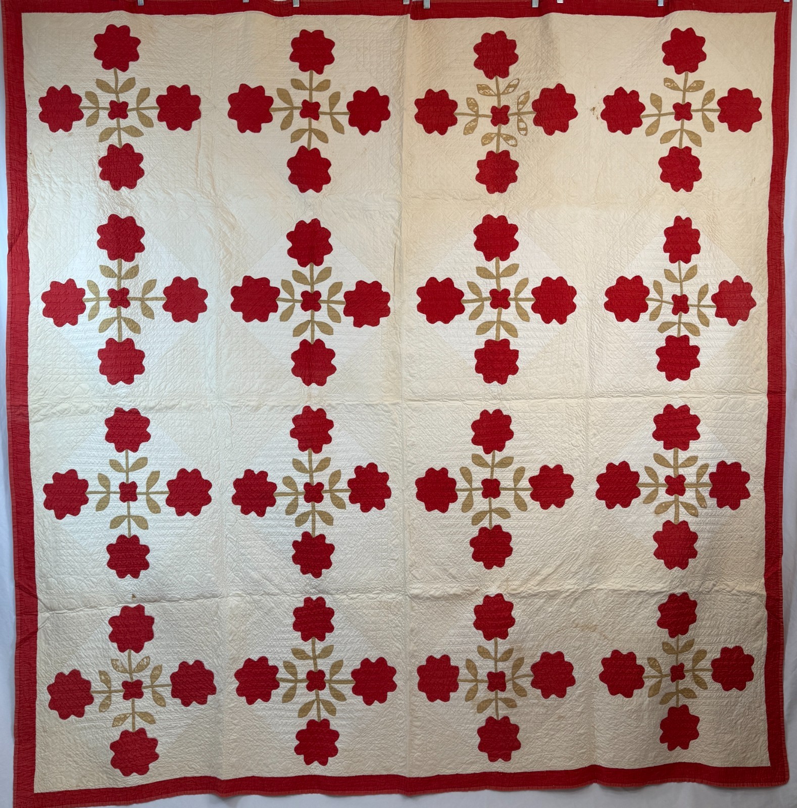 Antique c.1880–1900 Red & White Appliqué Quilt Floral Cross Hand Quilted 83