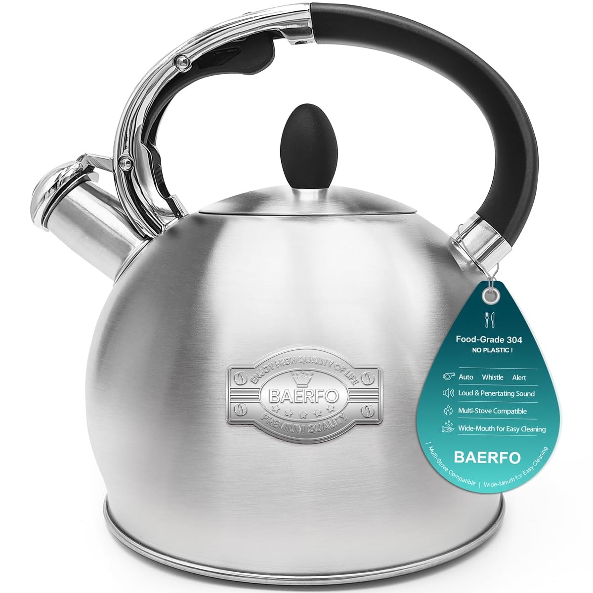 BAERFO Tea Kettle, 2.64 Qt Tea Pot Stovetop, Premium 304 Food-Grade Tea Kettle BAERFO Tea Kettle, 2.64 Qt Tea Pot Stovetop, Premium 304 Food-Grade Tea Kettle