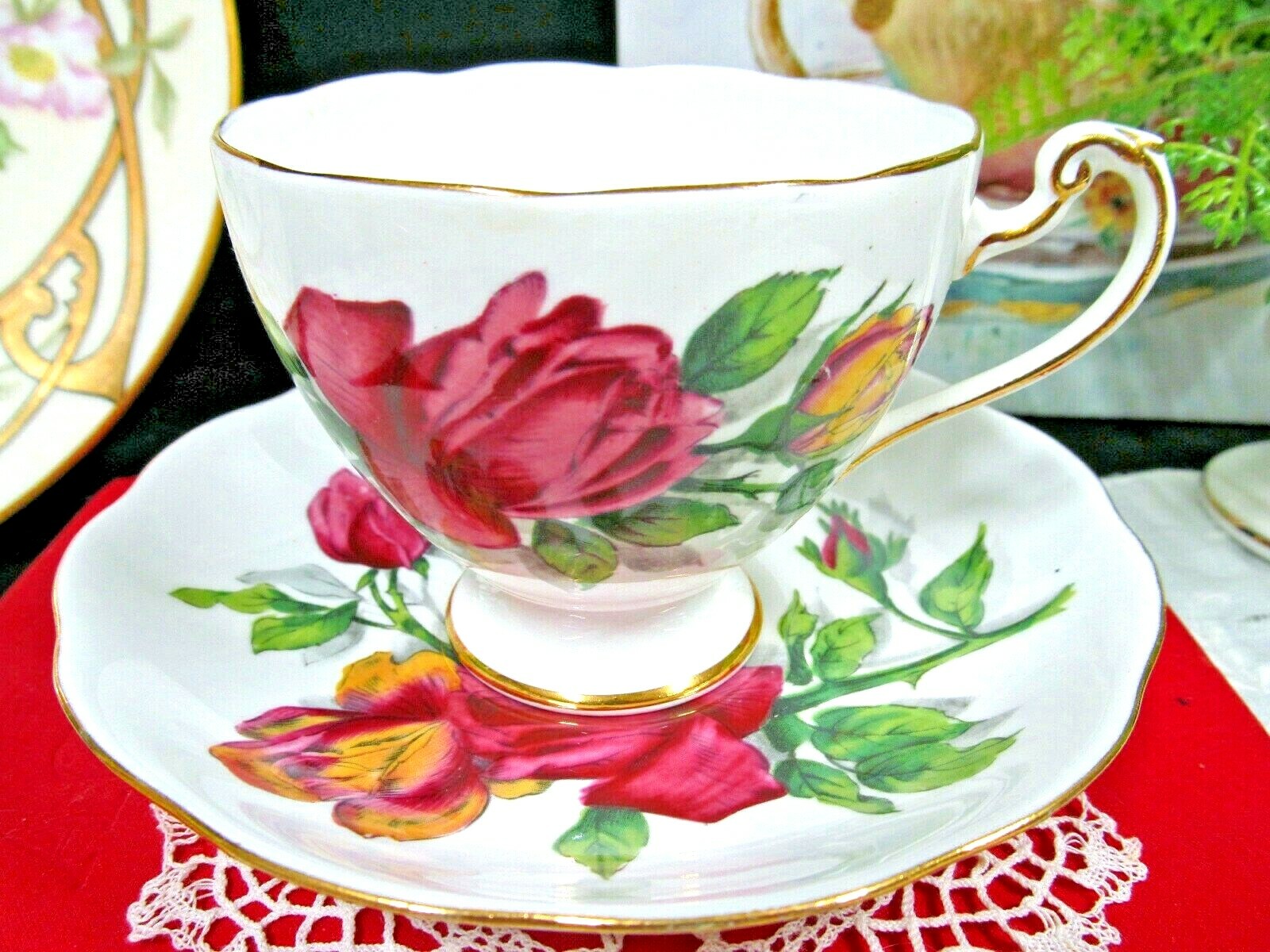 Roslyn tea cup and saucer Shadow Rose teacup England 1940s red roses 