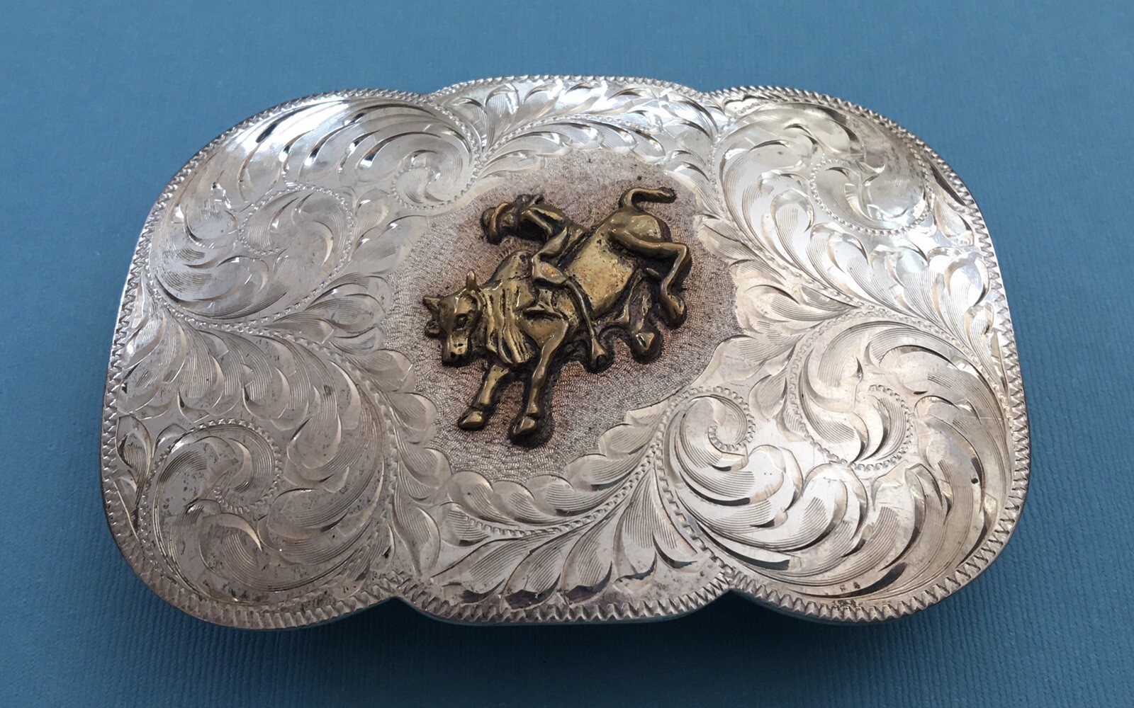 Vintage Old Western Signed HE Sterling Silver BULLRIDING Trophy Belt Buckle