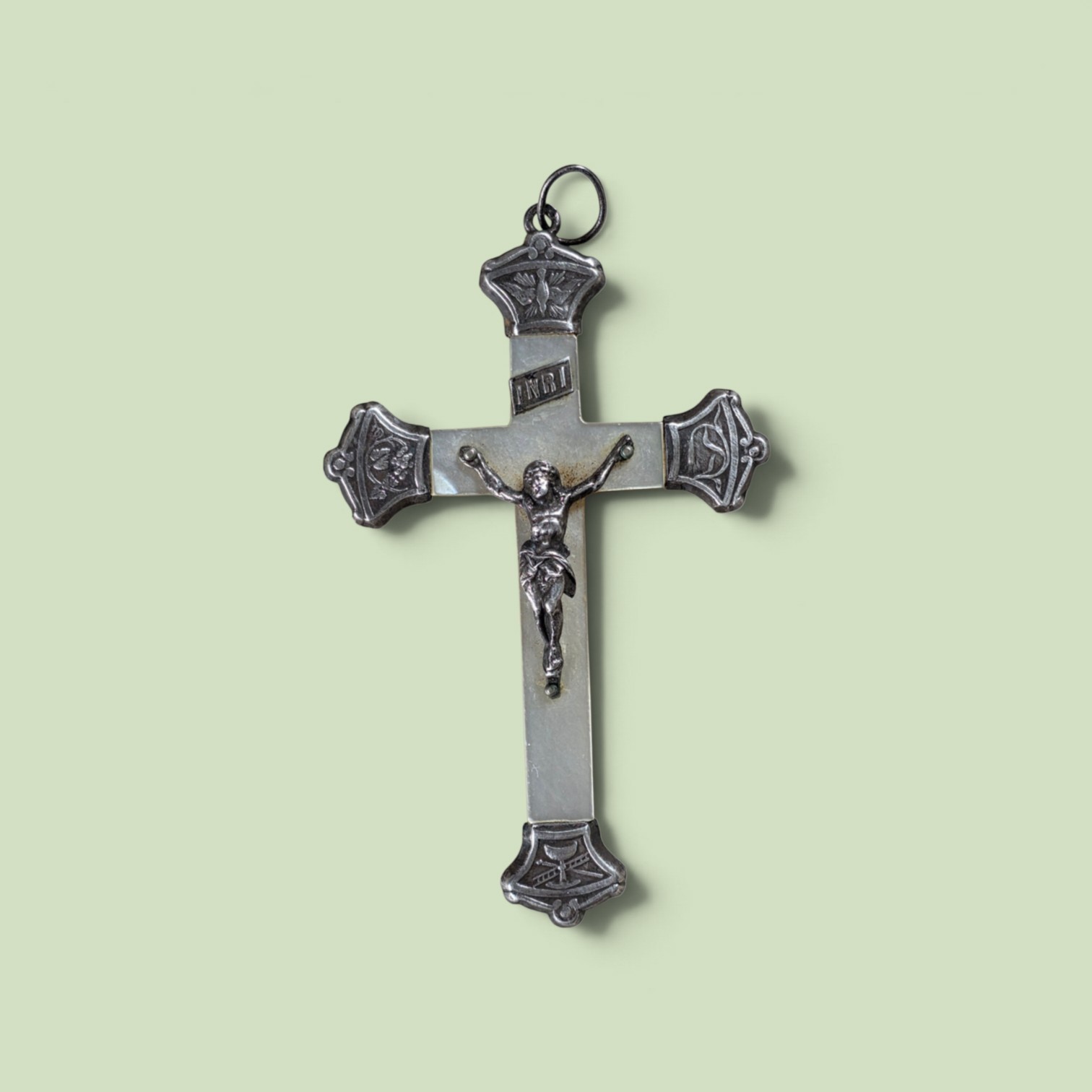 amazing ANTIQUE french NUNS crucifix / MOTHER OF PEARL / silver / x