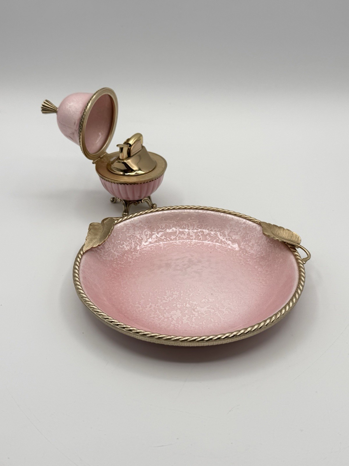Vintage 1950s Evans Table Lighter & Ashtray Set Pink Enamel MCM Madmen