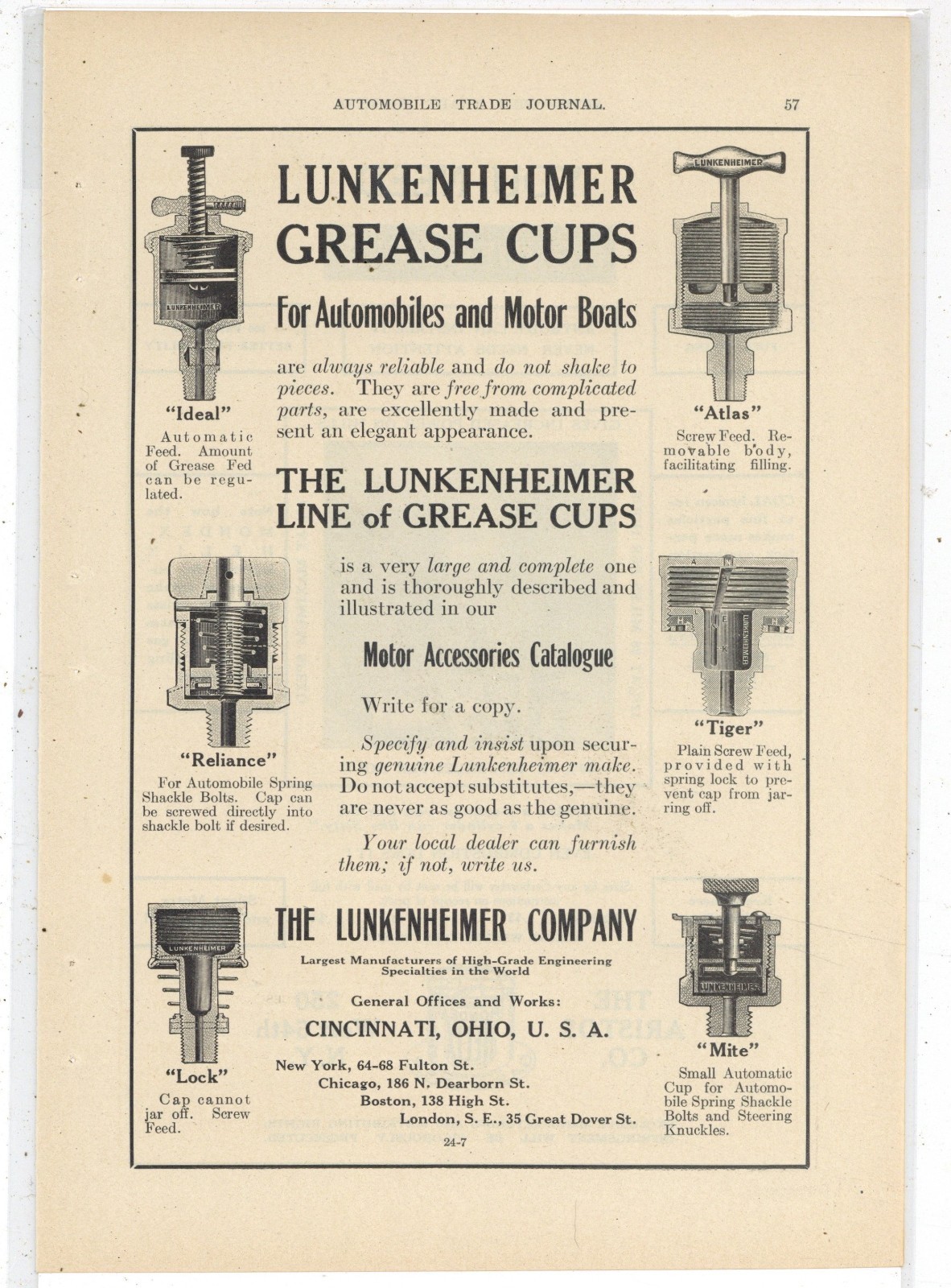 1913 Lunkenheimer Co. of Cincinnati, OhiO Ad: Grease Cups for Autos, Boats