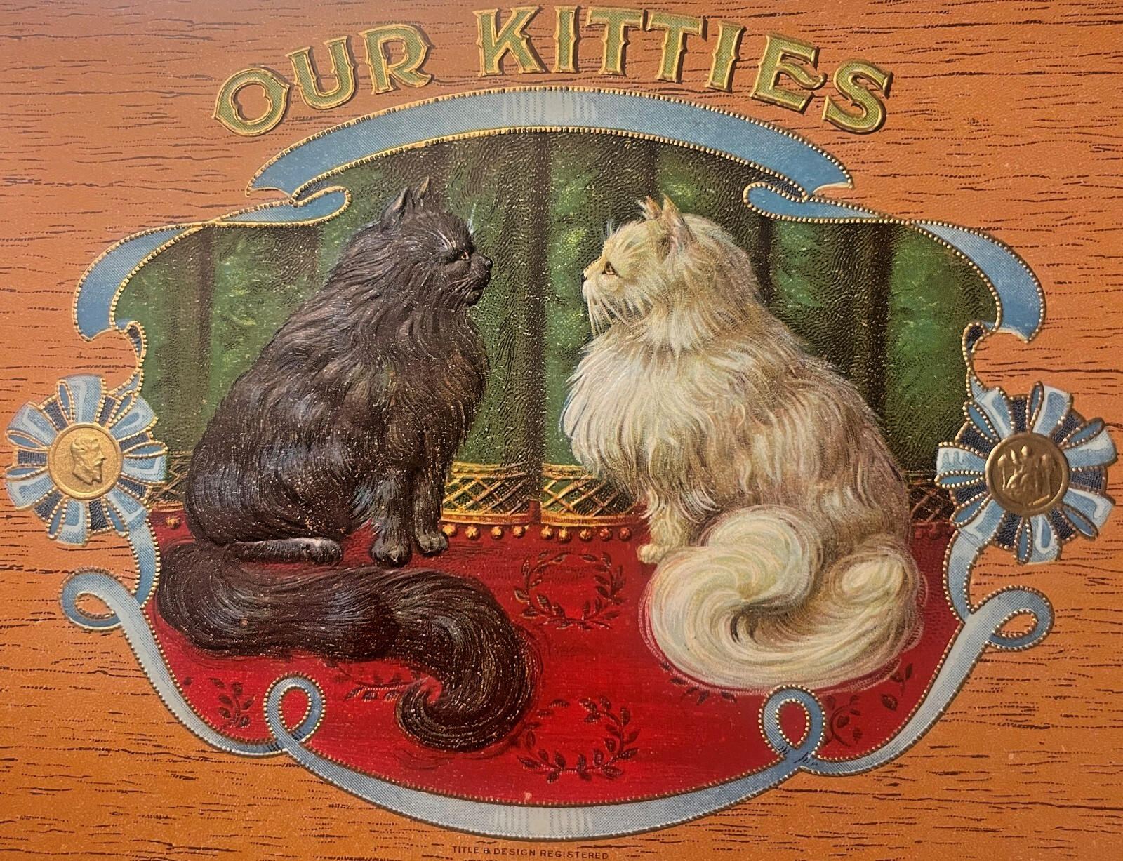 Antique Our Kitties Cigar Box Label 🐾 Embossed Chromolithograph Persian Cats