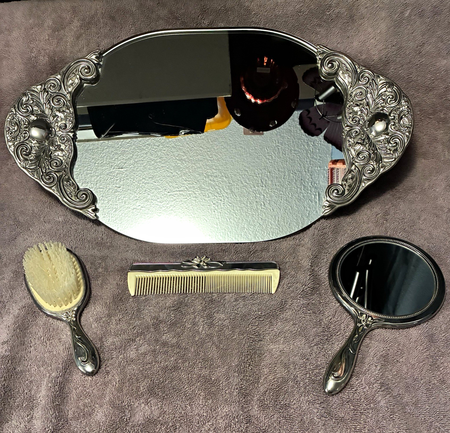 Vintage Silver-Tone Vanity Mirror Set w/ Brush, Comb, Hand Mirror & Mirror