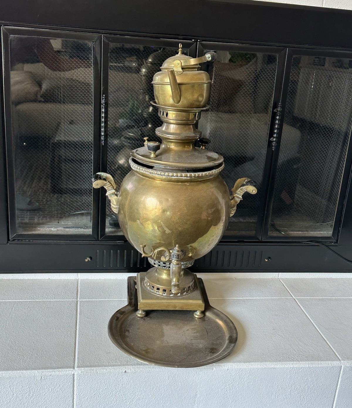 Vintage Brass Samovar Tea Urn Set 25” w/ Teapot Tray Chimney Spigot T.K. Mark