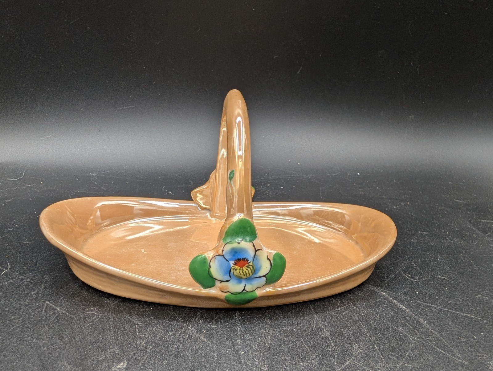 Vintage Peach Lusterware Handled Caddy For Shakers Cream Sugar Japan Handpainted