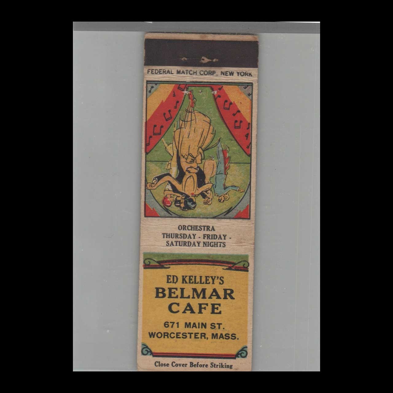 Matchbook Cover 1920s-30\'s Federal Match Ed Kelley\'s Belmar Cafe Worcester MA