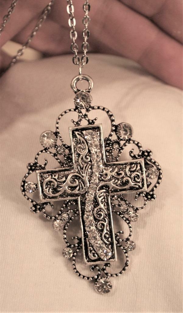 Sparklyt Openwork Curved & Swirled Rhinestone Cross Silvertone Pendant Necklace