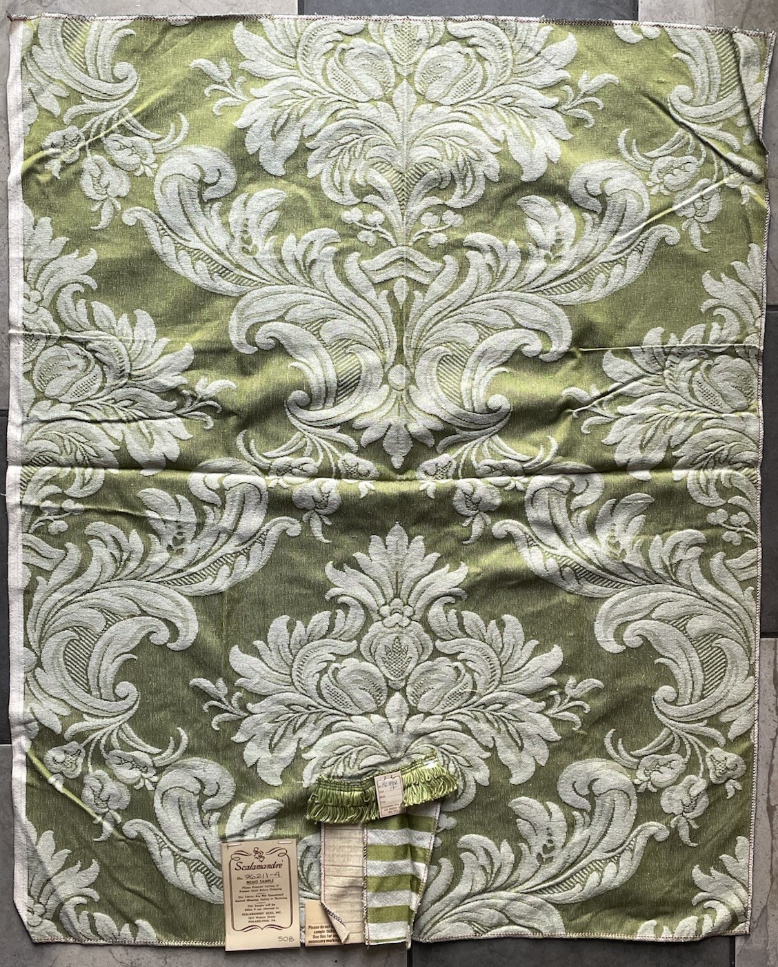 Olive Green Mid-Century Silk Rayon Damask Scalamandre Silks Sample Vintage Art
