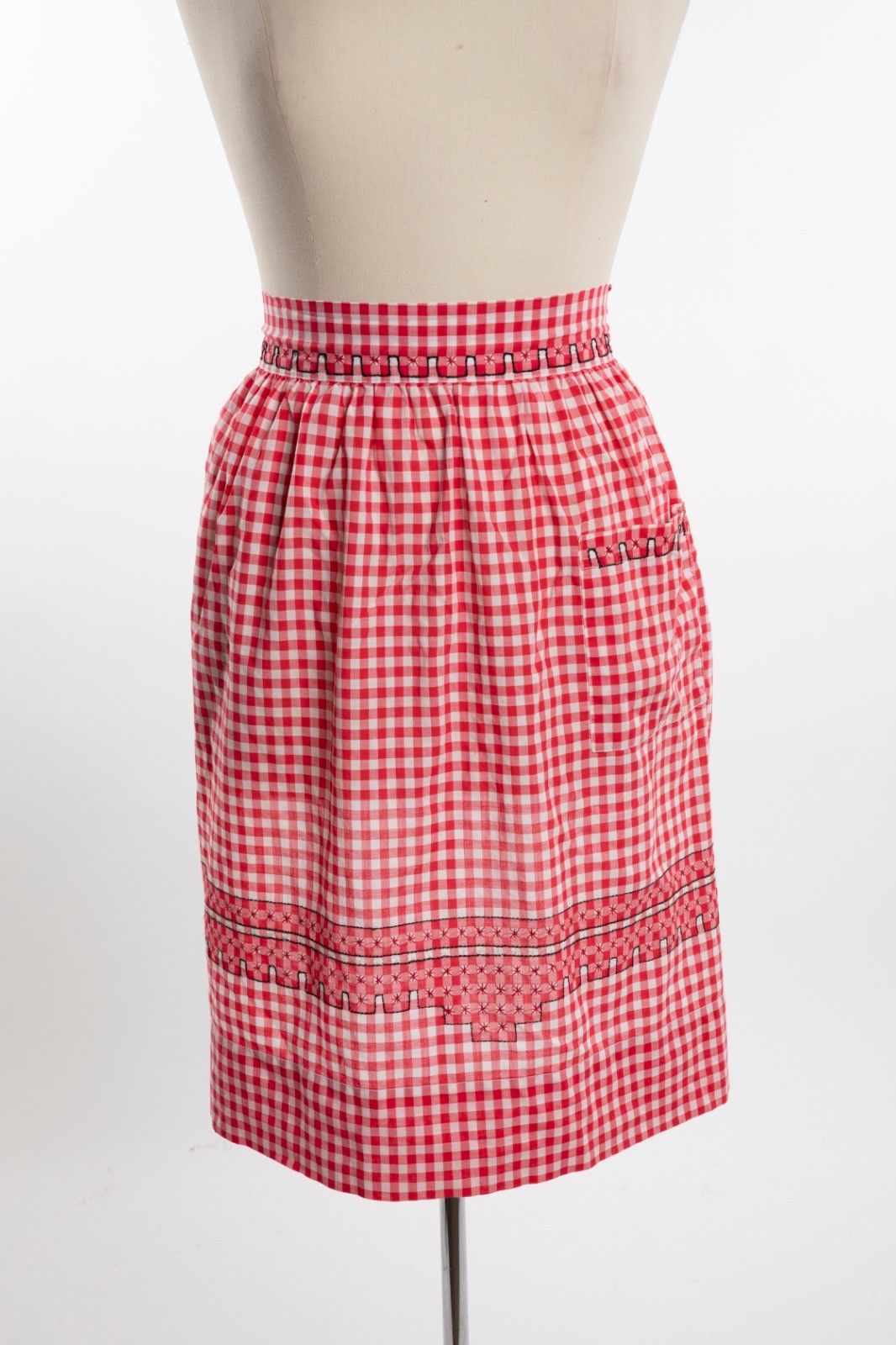 Antique Red & White Gingham Apron with Embroidery & Pockets