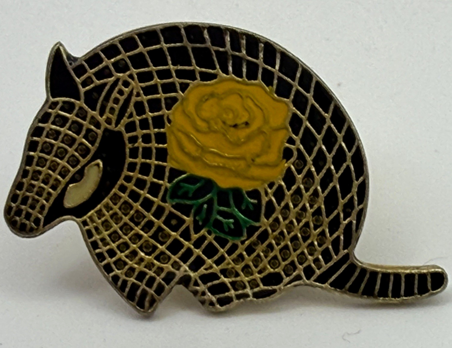 Vintage Texas Armadillo Brooch Pin Yellow Rose Black Gold Enamel Western