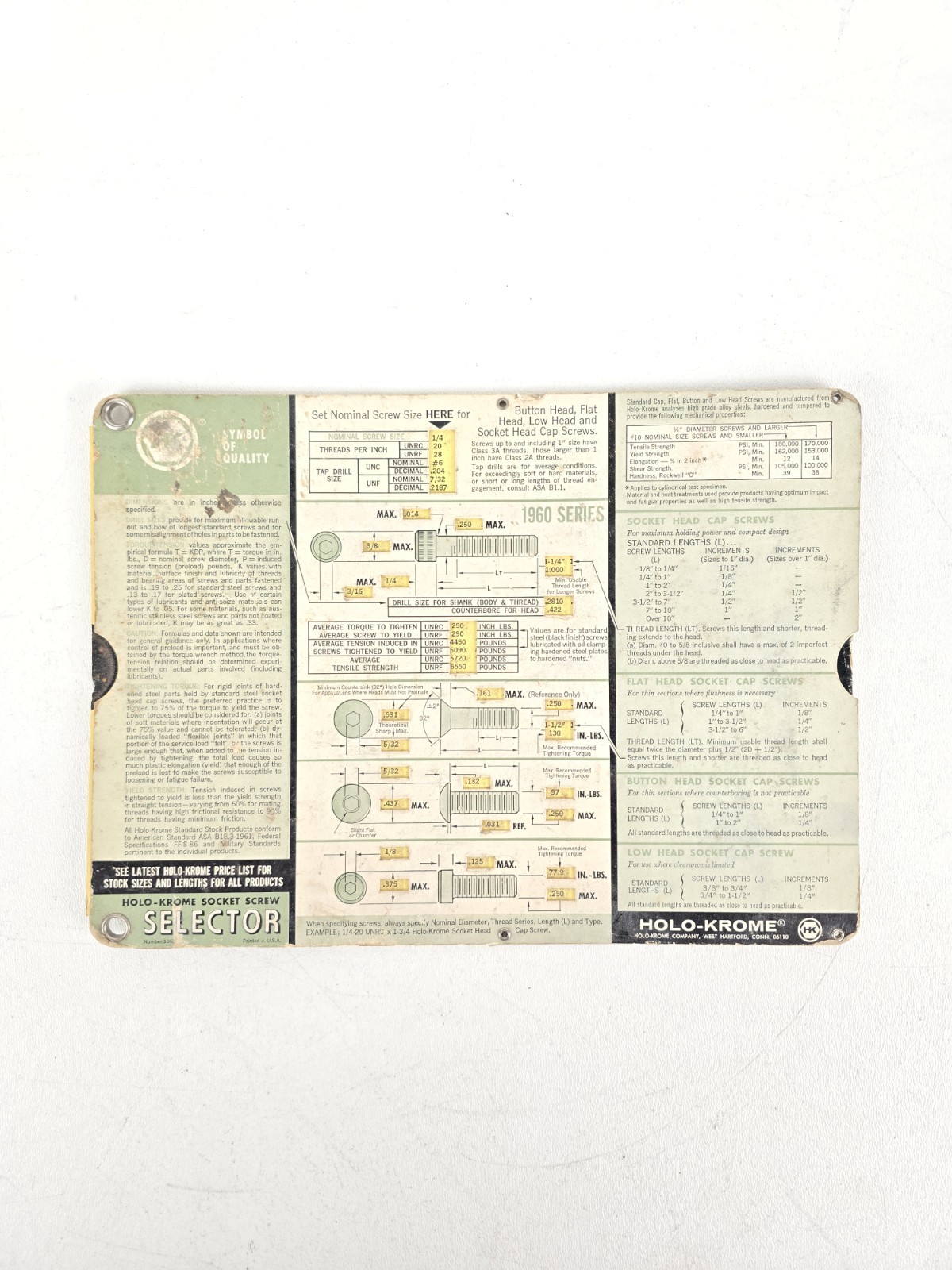 Vtg Holo-Krome Socket Screw Selector Slide Rule Cardboard # 1063 1963 & Decimal