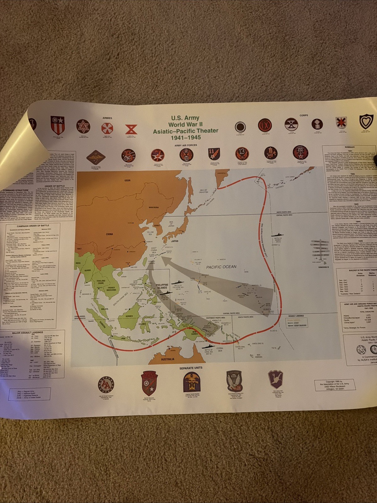LARGE WW II PACIFIC THEATER POSTER 1941-45 - US ARMY INST. OF LAND WARFARE- RARE