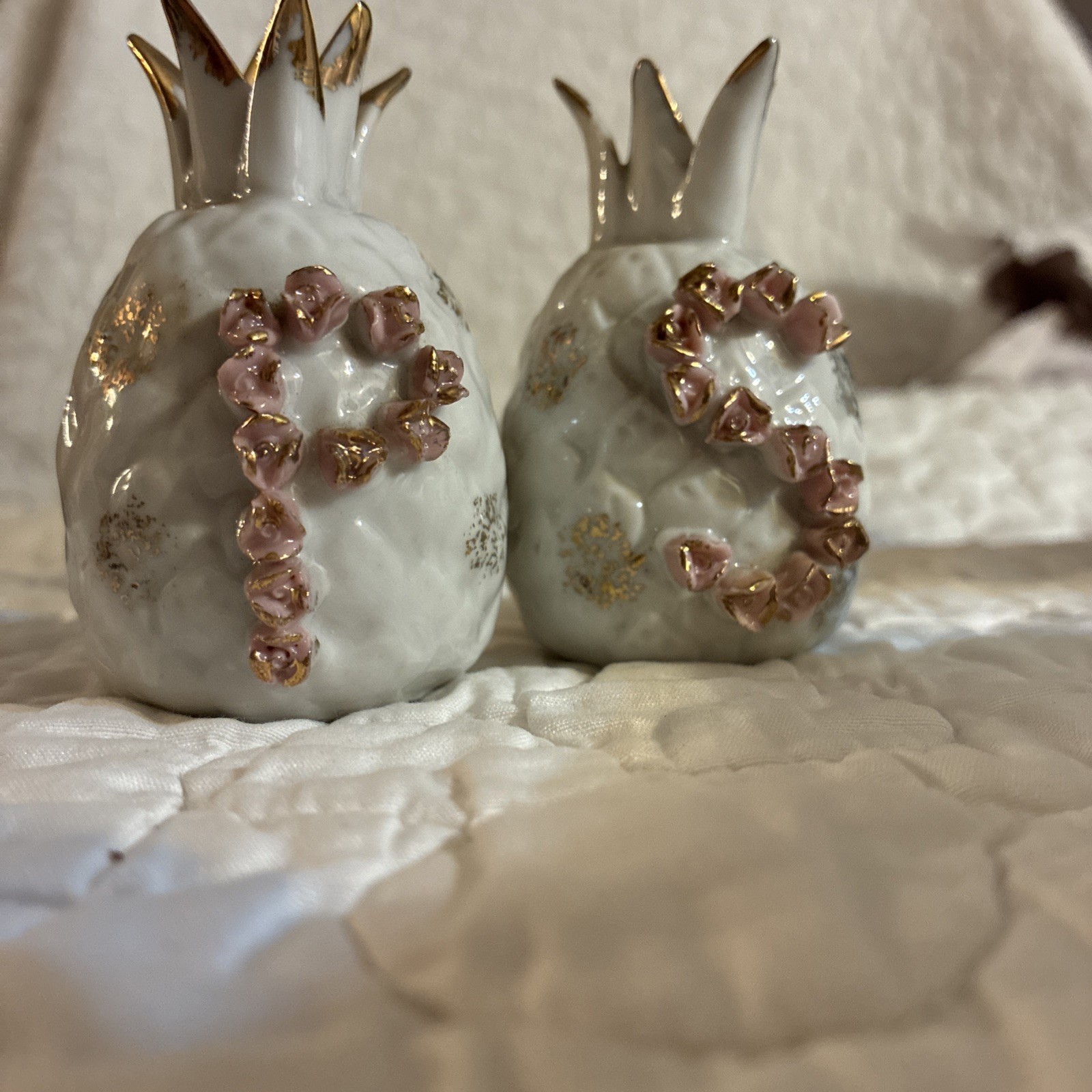 Vintage J.J.Newberry S/P Set In White Porcelain With Gold Accents & Pink Letters Vintage J.J.Newberry S/P Set In White Porcelain With Gold Accents & Pink Letters