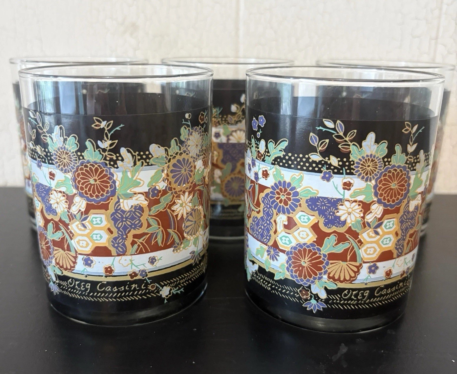 Vintage Oleg Cassini Whiskey Glasses Set of 5 MCM Black Asian Floral Lowball