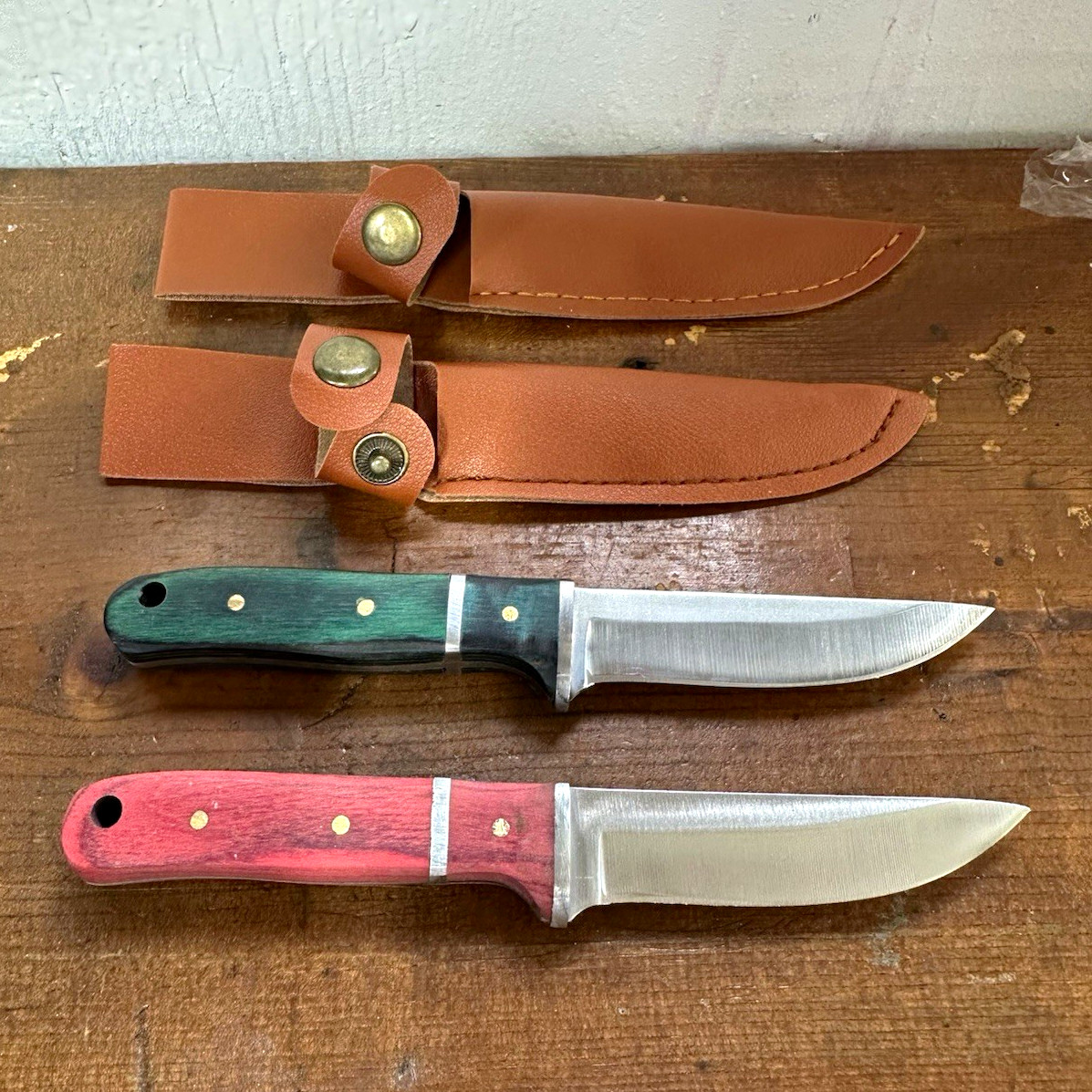2pc Hunting Fixed Blade Knives Stainless Clip Point Wood Handles Sheaths 2pc Hunting Fixed Blade Knives Stainless Clip Point Wood Handles Sheaths