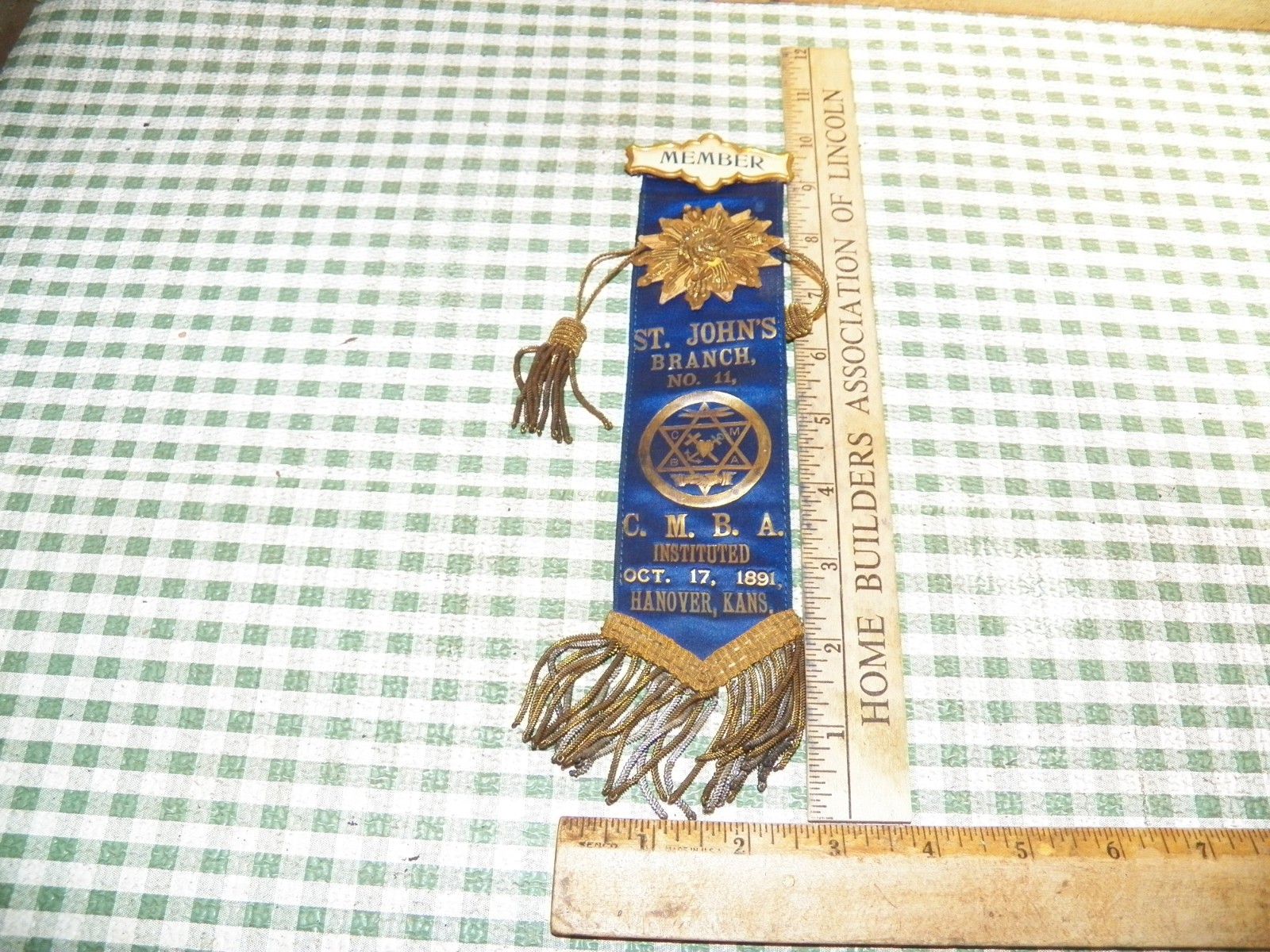 Vintage 1891 ST. JOHN'S HOLY NAME SOCIETY Member Badge Ribbon - Hanover, Kansas