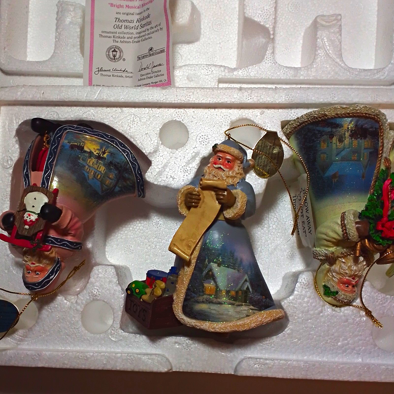 Ashton-Drake Thomas Kinkade Old World Santas Christmas Ornaments Set 3 COA 2005
