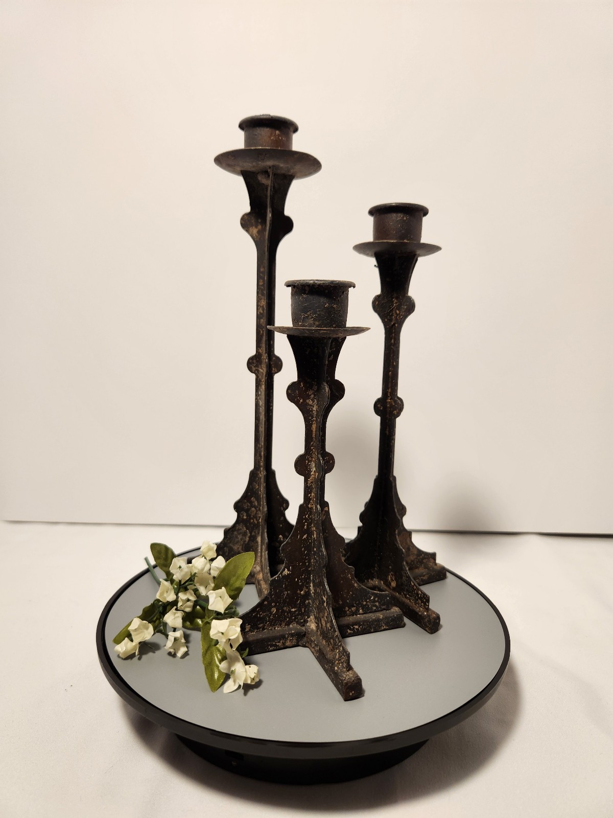 Distressed Cast Iron Taper Candlestick Holders – Gothic Tripod Set of 3