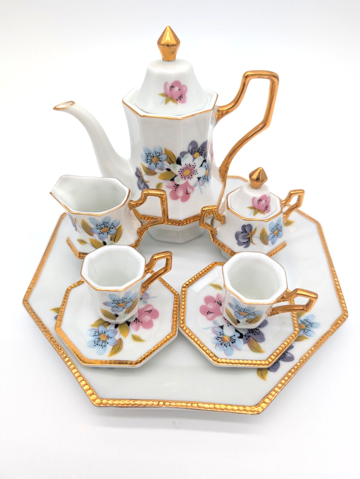 Vintage Miniature Porcelain Octagonal Tea Set Floral Gold Trim Tray Pot Cups 10p Vintage Miniature Porcelain Octagonal Tea Set Floral Gold Trim Tray Pot Cups 10p