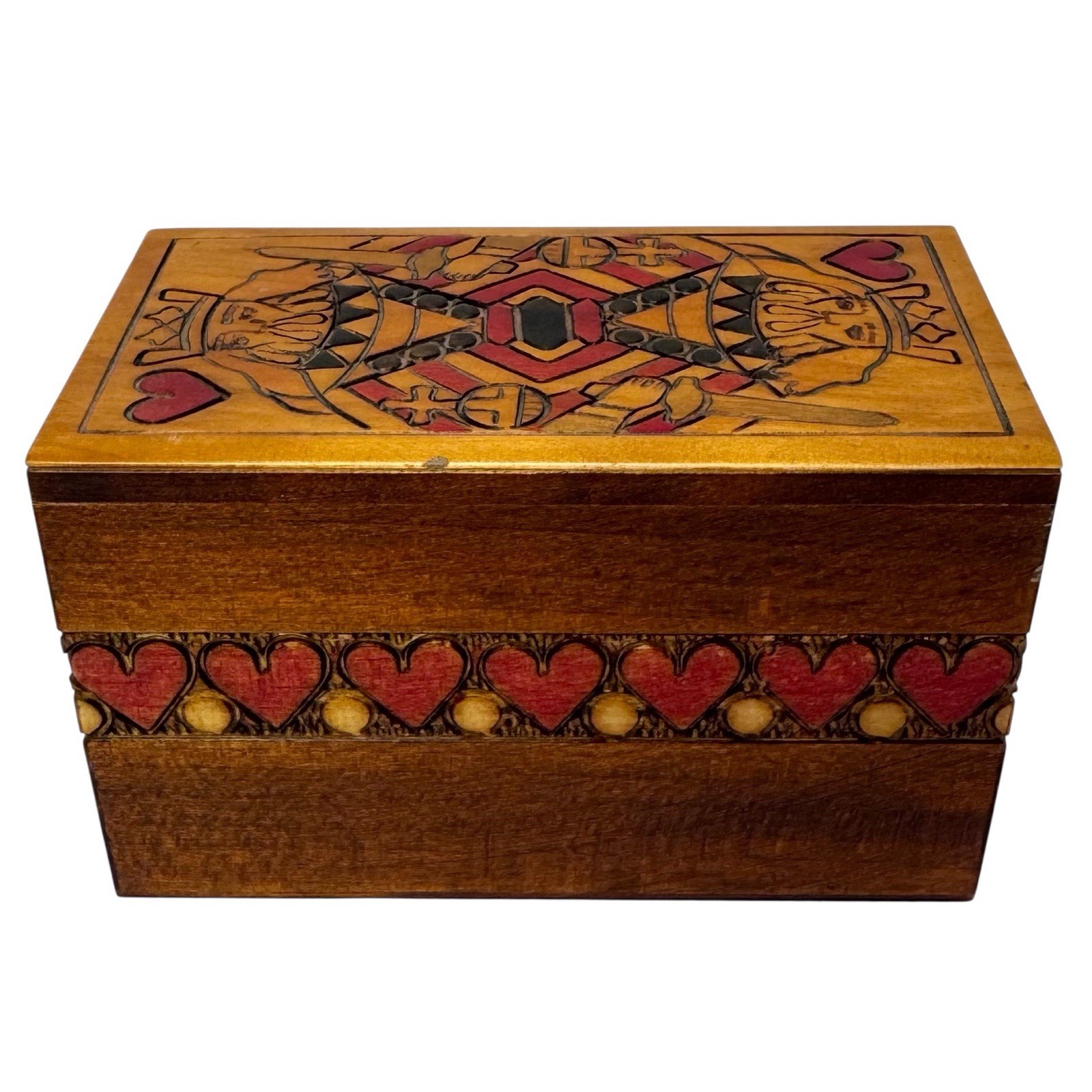 Vintage Wood Playing Card Box King of Hearts w/ 2 Decks Complete POLAND
