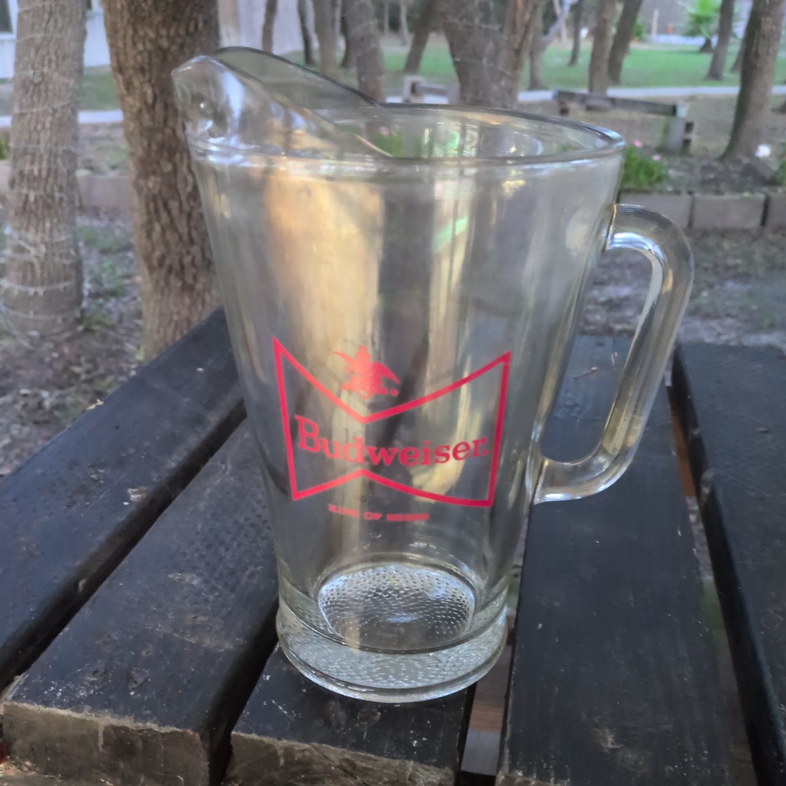 Beer Pitcher Budweiser King of Beer Red Logo Clear Glass Heavy Bar Ware Ready￼￼￼