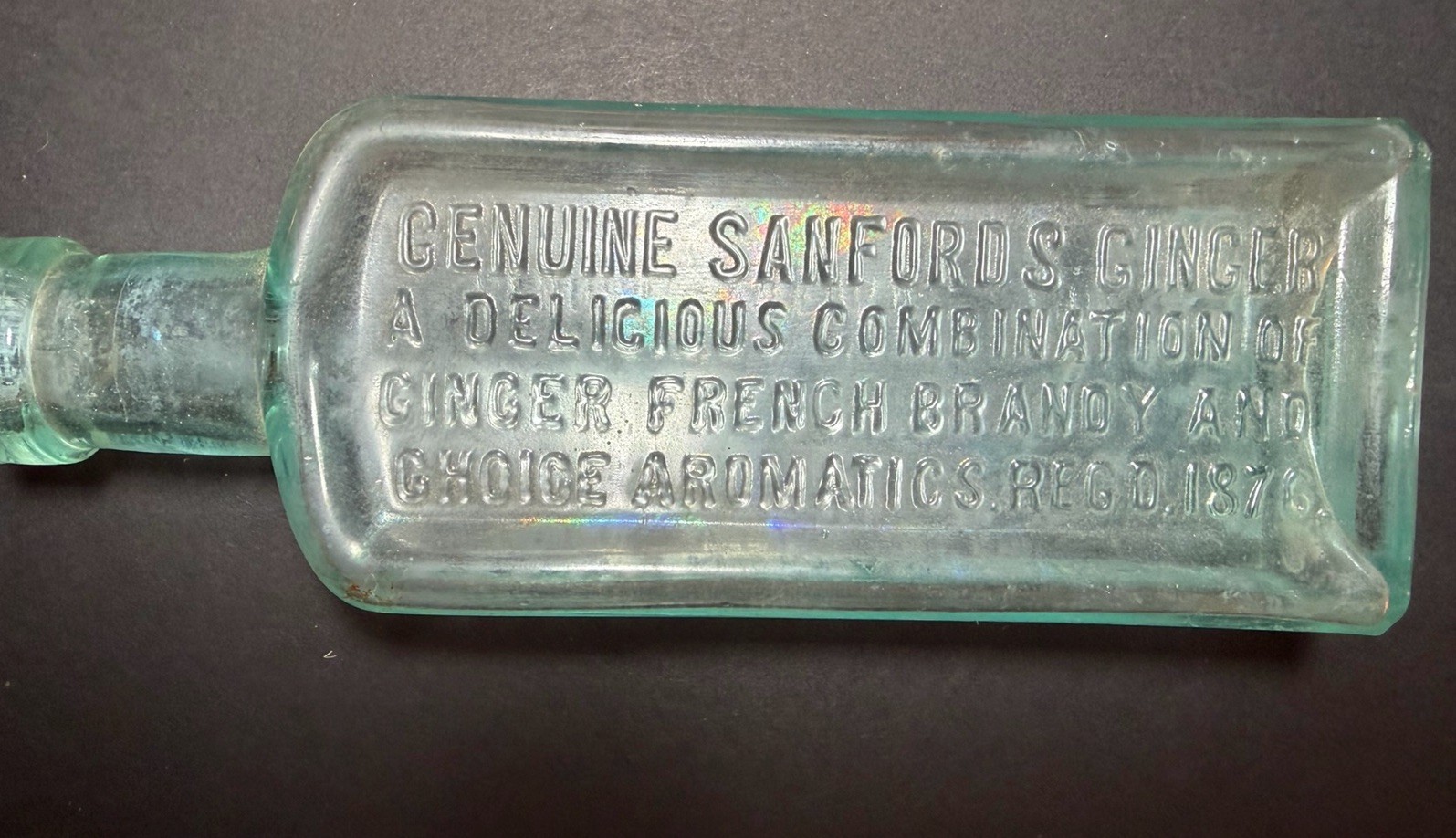 Antique Sanford’s Ginger Embossed Aqua Glass Potters Drug Medicine Bottle c.1900
