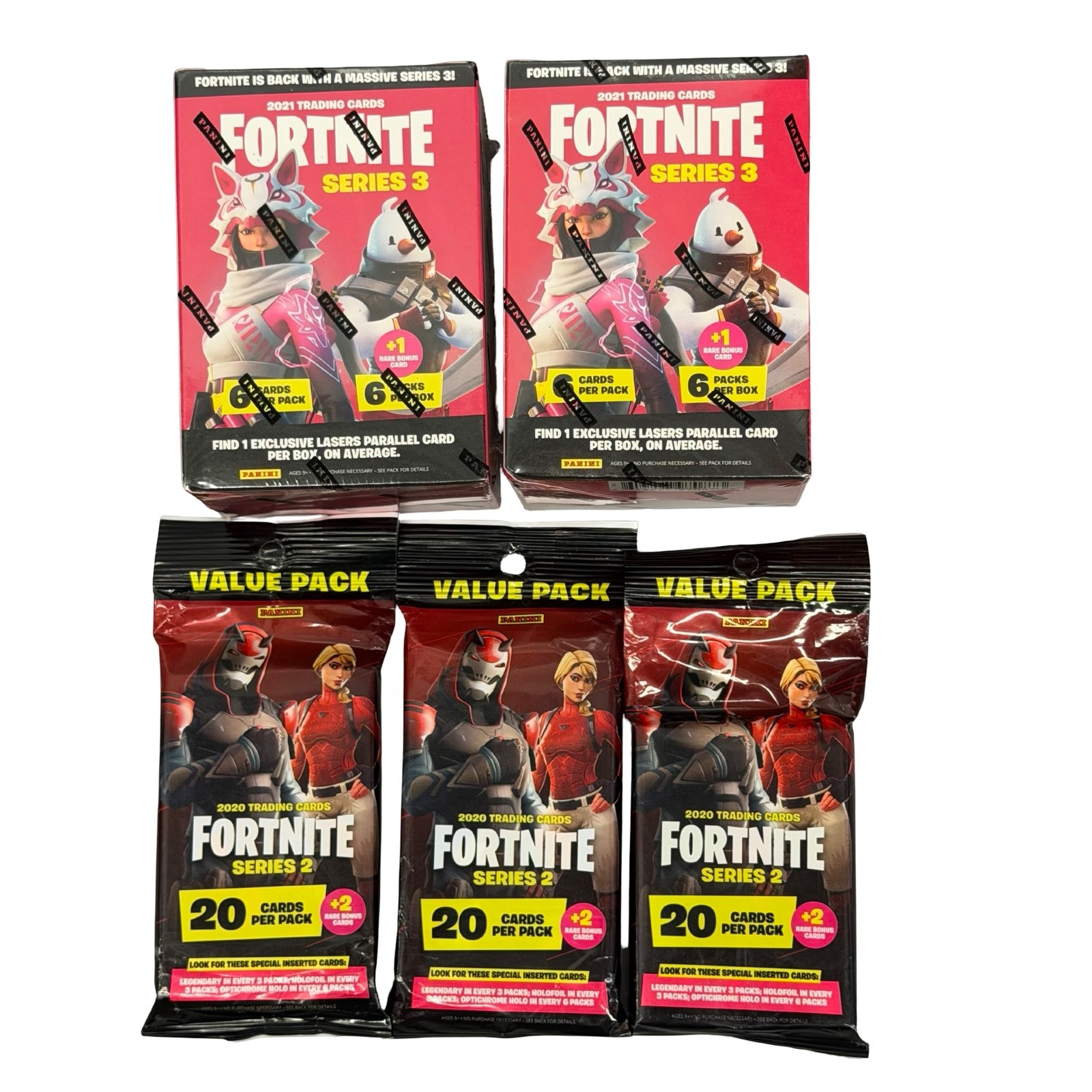 Panini Fortnite Series 3 Blaster Boxes And Series 2 Value Packs Sealed Lot of 5 Panini Fortnite Series 3 Blaster Boxes And Series 2 Value Packs Sealed Lot of 5