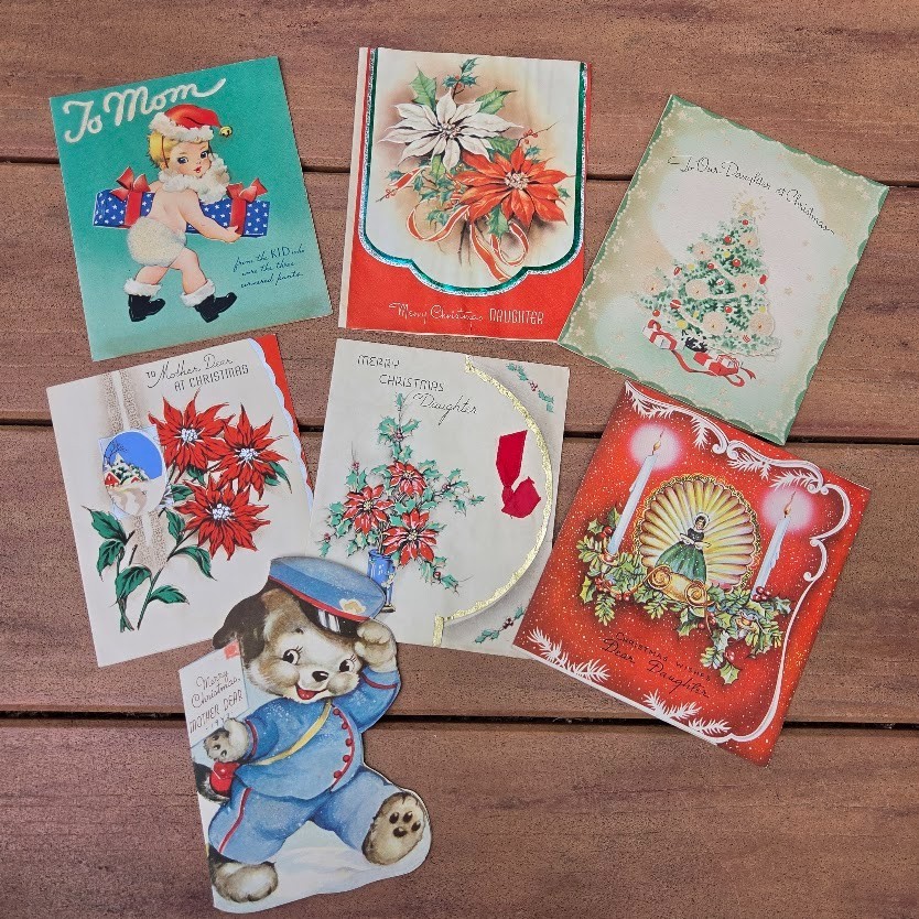 Vintage LOT 7 Mom Daughter CHRISTMAS CARDS 1930s-40s Scrapbook Memorabilia Gift