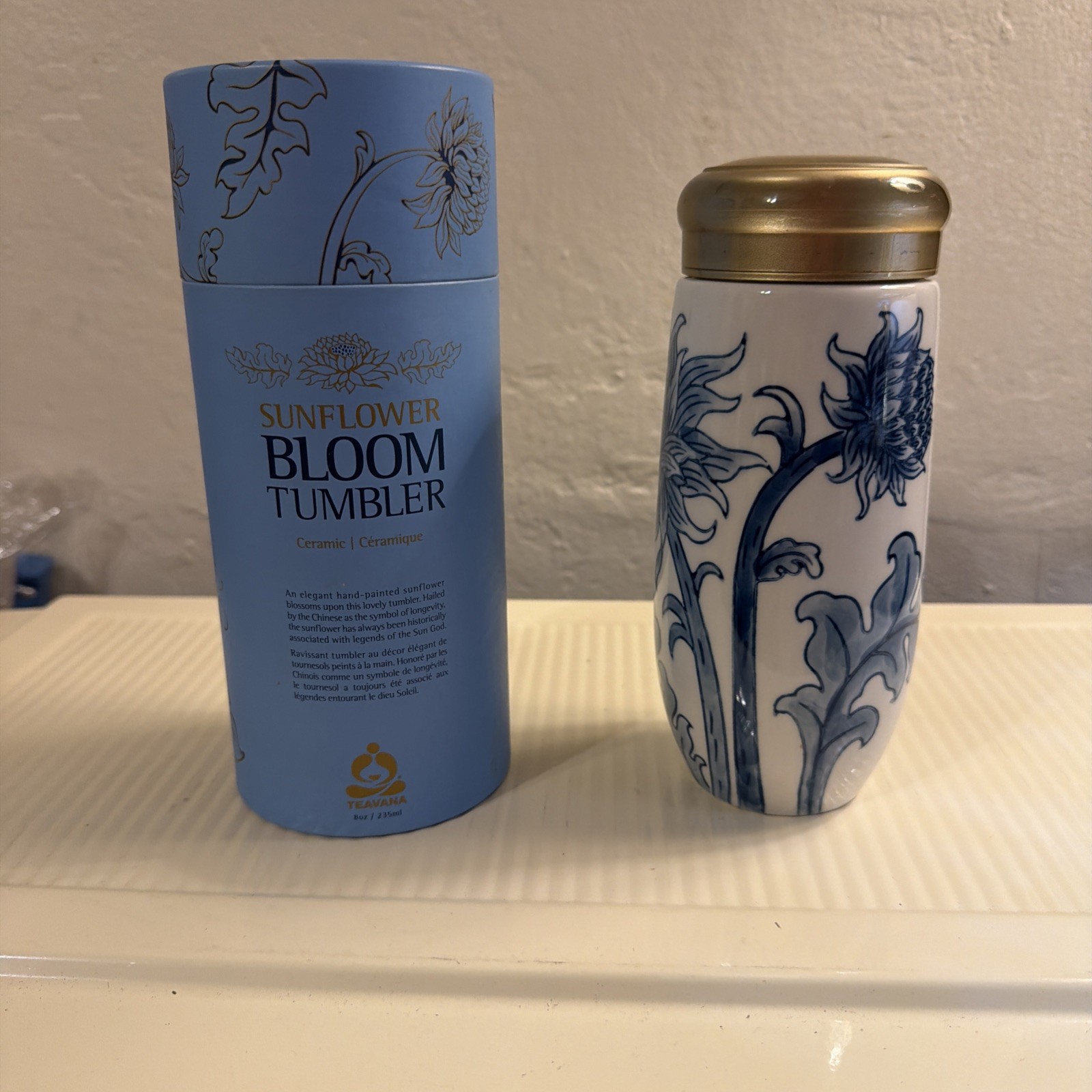Ceramic Teavana 8 oz Tea Tumbler With Infuser, Blue Floral, New
