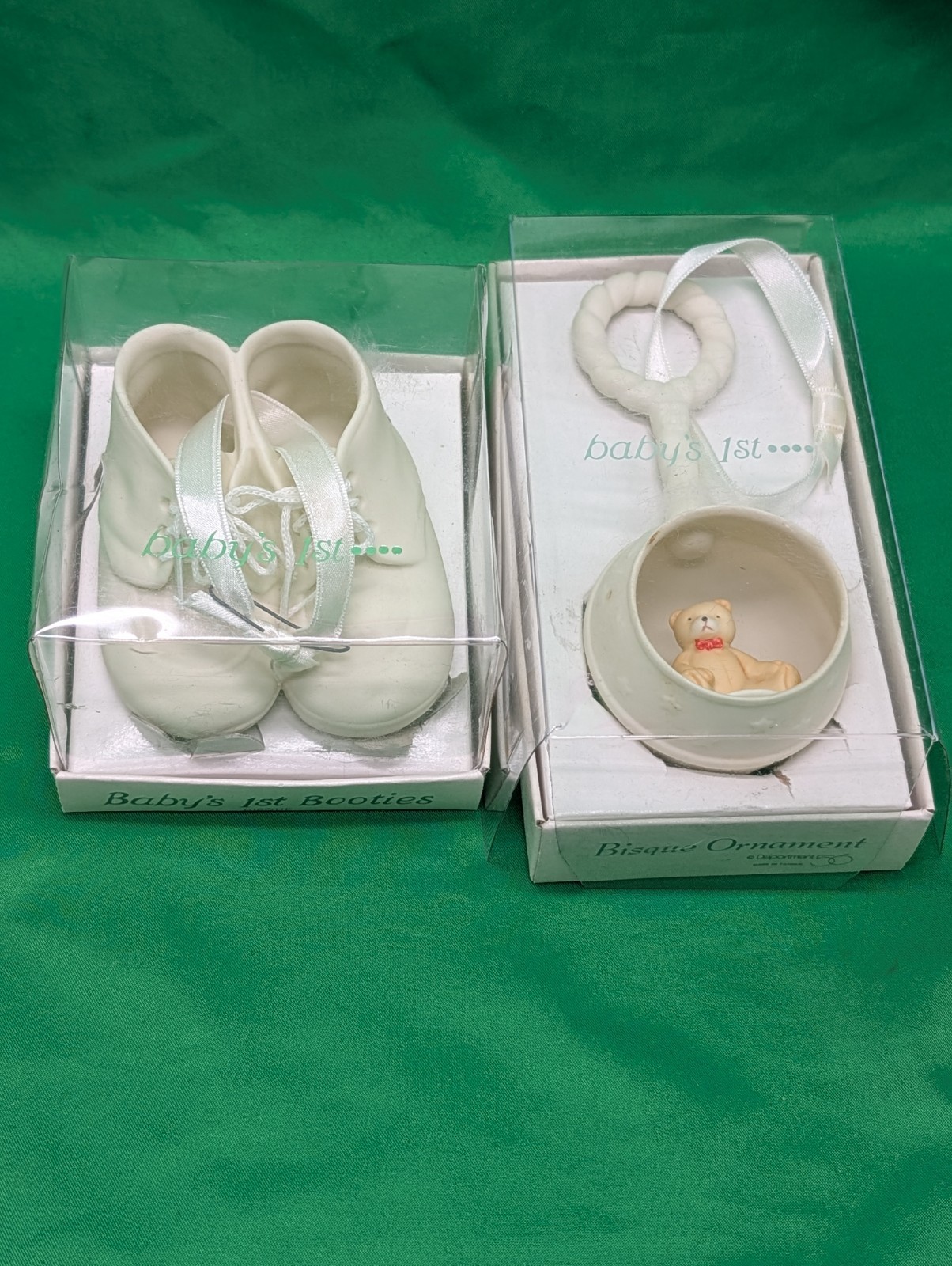 Dept 56 Bisque Baby\'s 1st Christmas Ornaments Teddy Bear Rattle & Shoes \