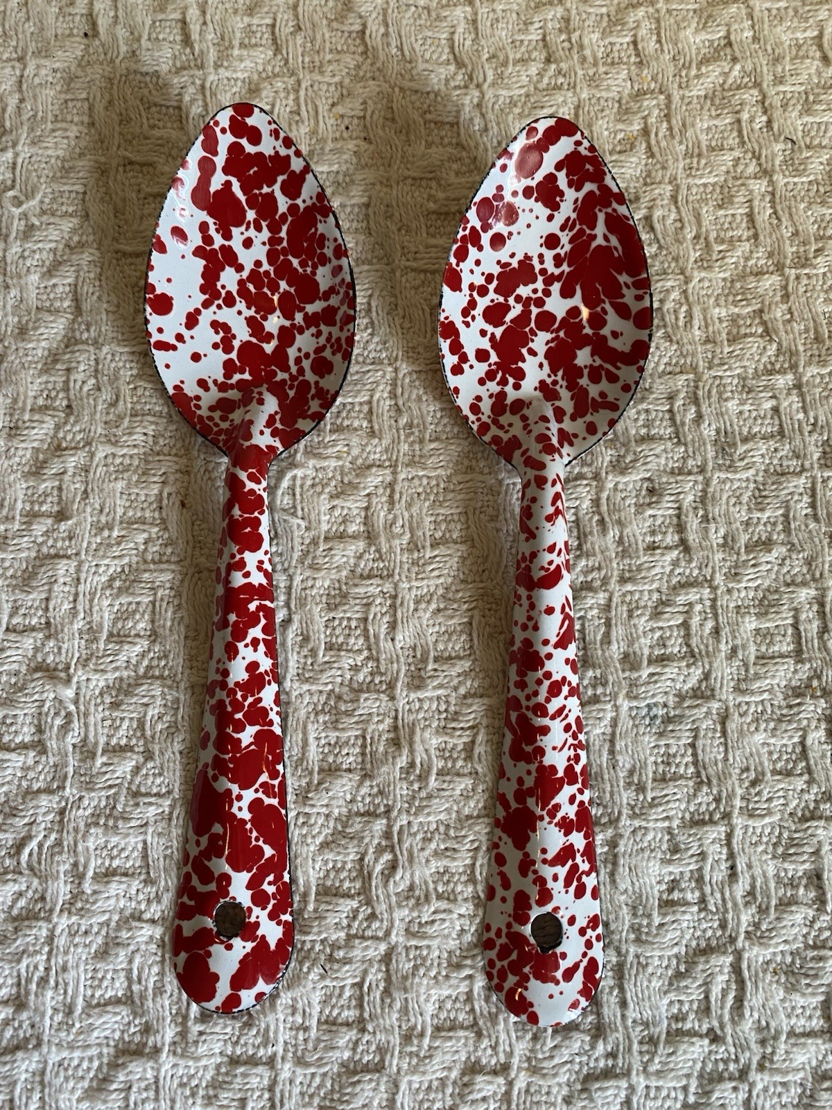 2 VTG Red & White Enamelware Speckled Splatterware Spoons  Farmhouse Chic 6”