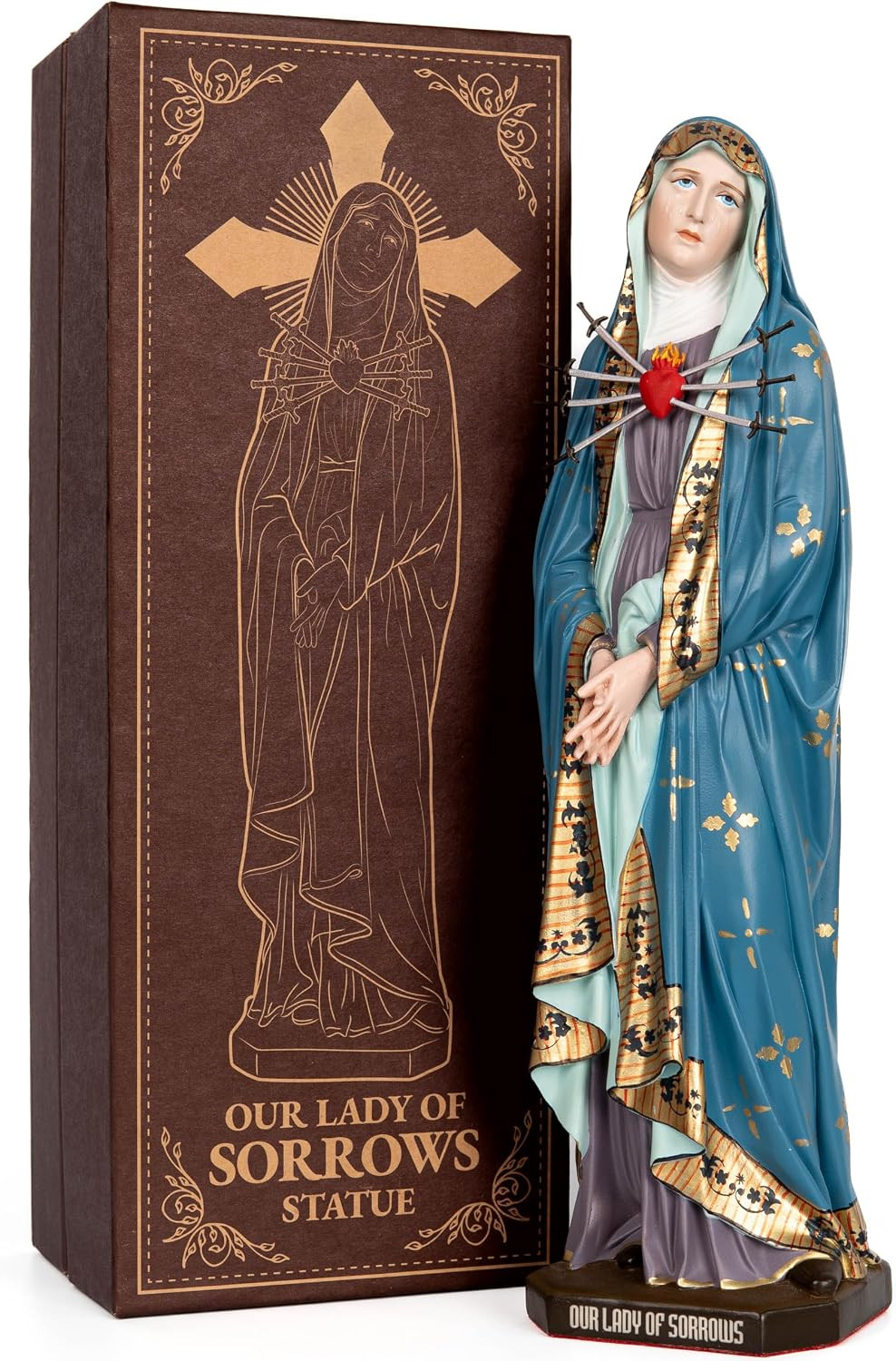 Hand Painted Our Lady of Sorrows Statue with Ornate Patterns - Blue &Gold, Virgi