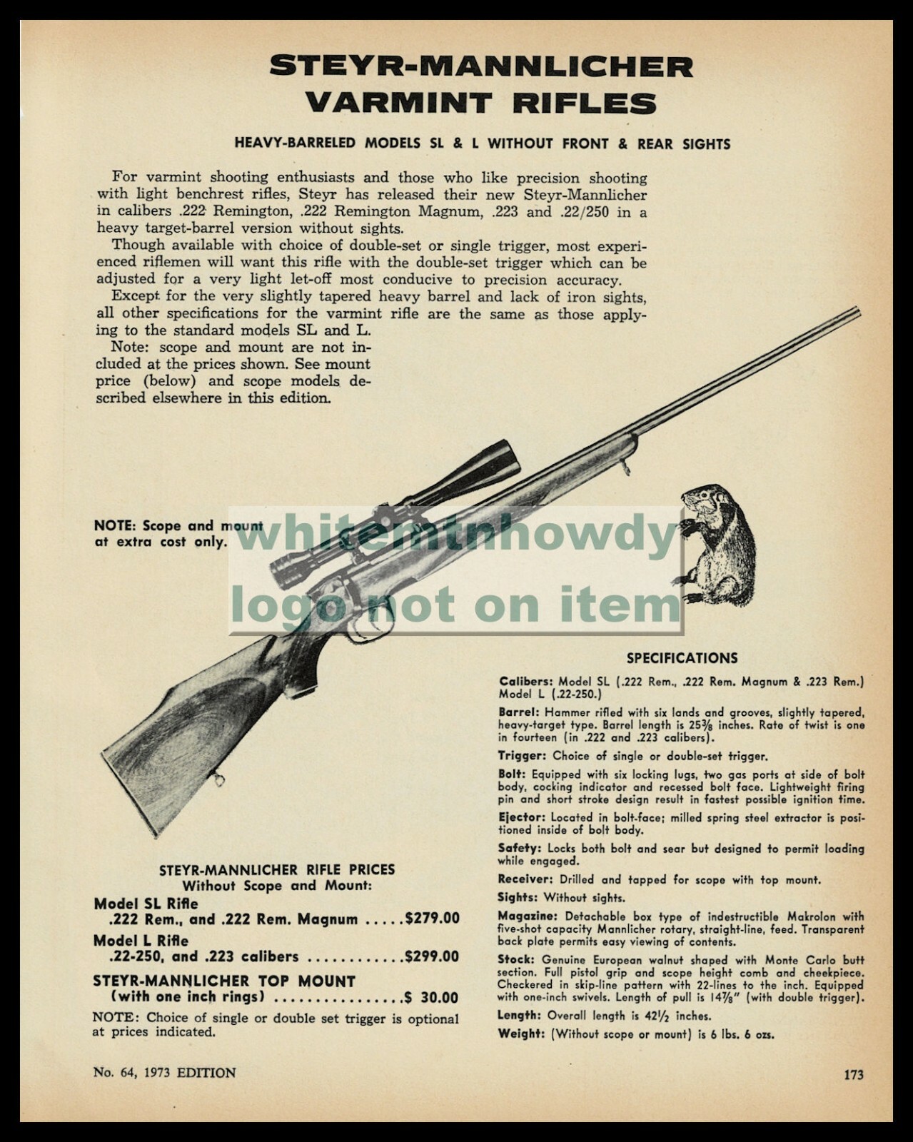 1973 STEYR-MANNLICHER Model SL, L Heavy Barrel Rifle AD w/originial prices/specs