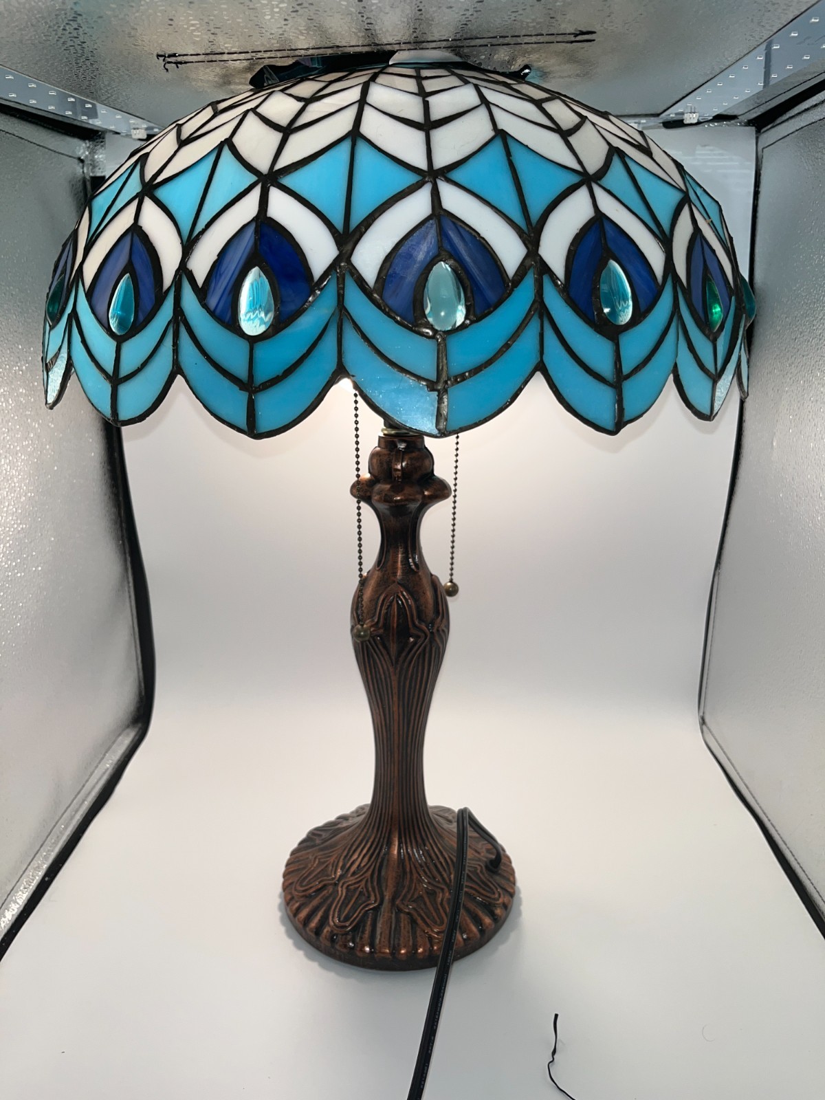 Vintage Tiffany Style Peacock Stained Glass Table Desk Lamp Double Lights Read