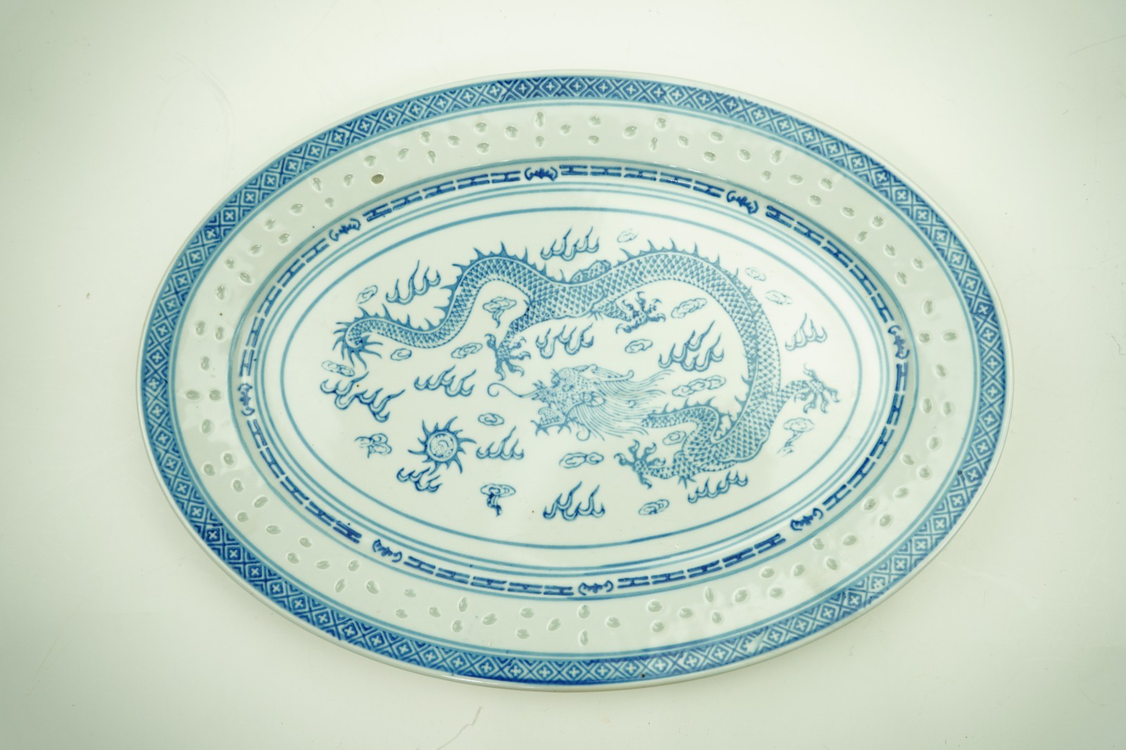 Vintage Jingdezhen Chinese Rice Grain Eye Dragon Oval Serving Platter 14\ Vintage Jingdezhen Chinese Rice Grain Eye Dragon Oval Serving Platter 14\