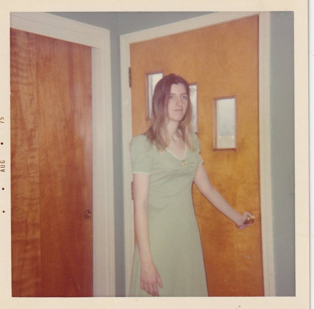 Vintage Aug 1975 Photo Young Woman Green Dress Mid Century Modern Entryway Door