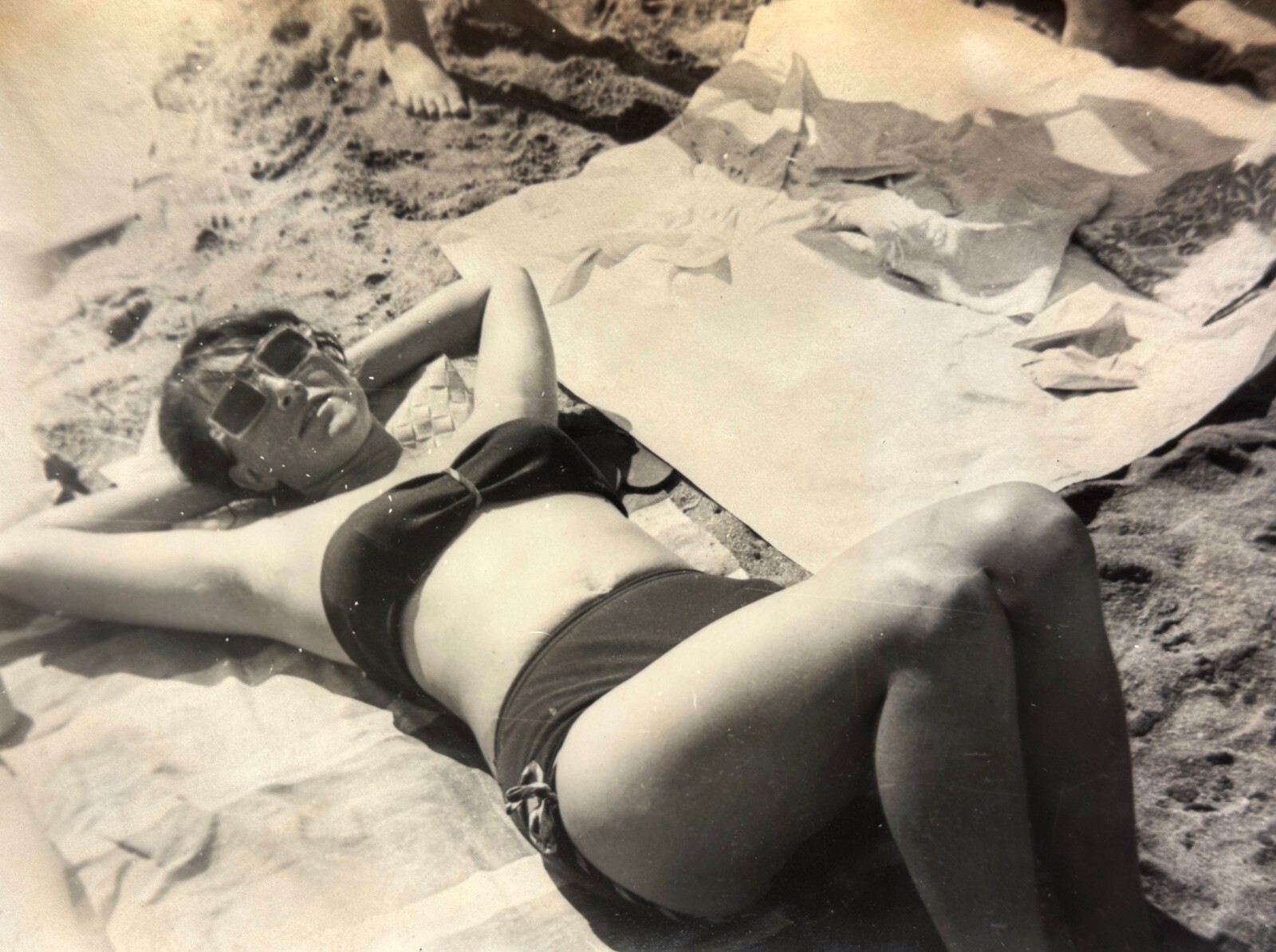 1970s Young Woman Underarms Sunbathing Soviet USSR Vintage B&W Photo Snapshot