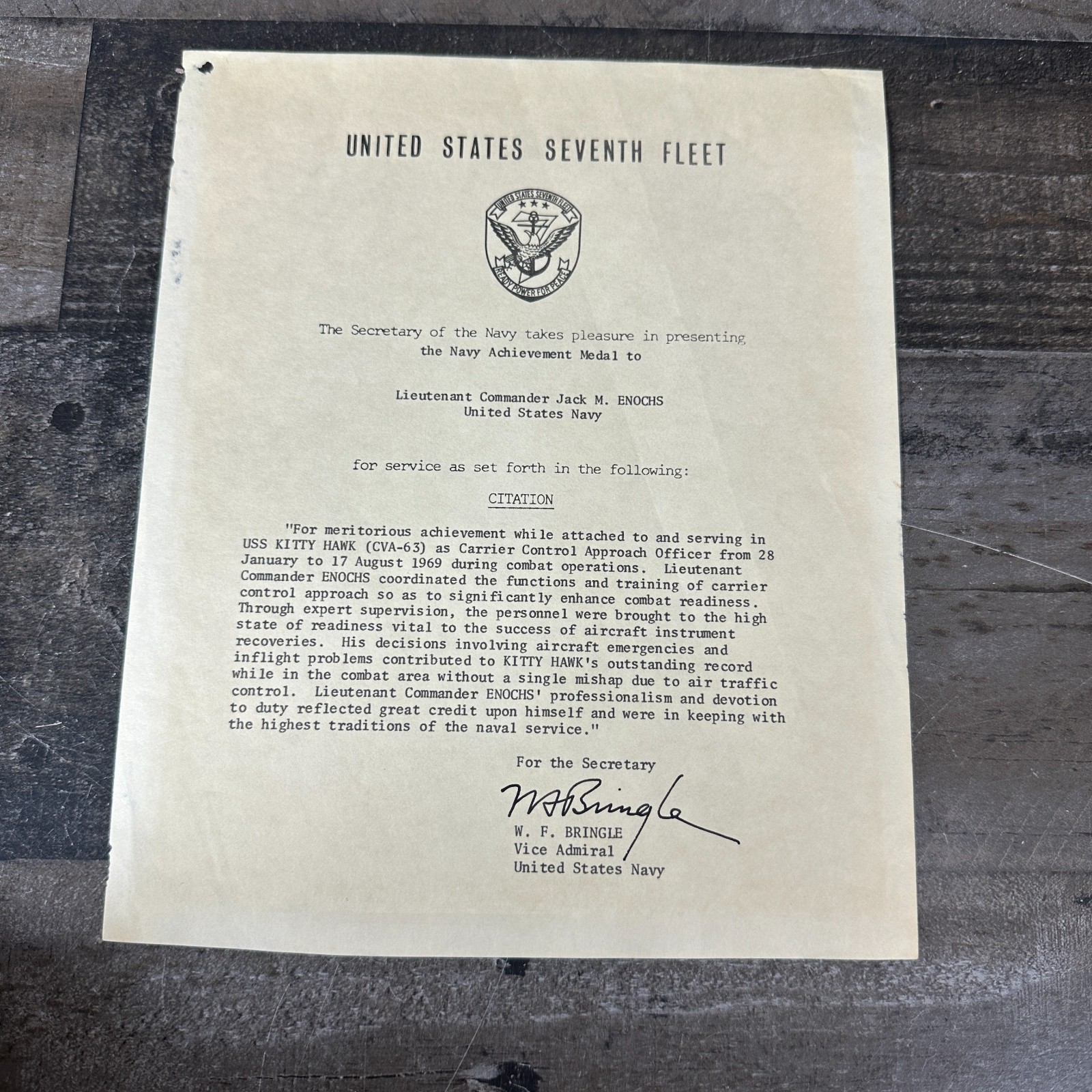 Letter Of Navy Achievement Medal Lt Commander Jack Enochs 1969 US Navy Ephemera